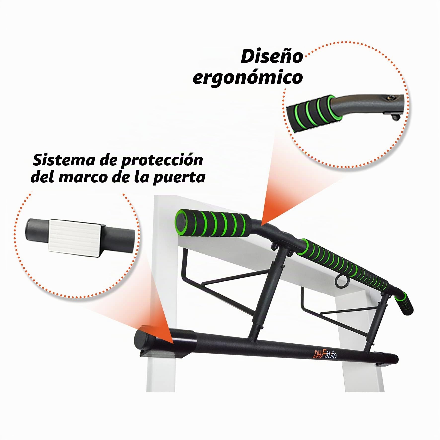 DH FitLife Barra de Dominadas para Marco de Puerta sin Tornillos | Pull up bar Doorway | Barra de Tracción Multifuncional para Colgar | incl. Entrenador de Suspensión | para Puerta de 70 – 92 cm