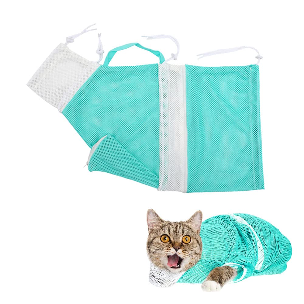 ORiTi Adjustable Cat Shower Net Bag - Multifunctional Bathing Grooming Restraint Bag With Drawstrings and Handle for Nail Trimming, Ear Clean, Anti-Bite, Anti-Scratch - Polyester