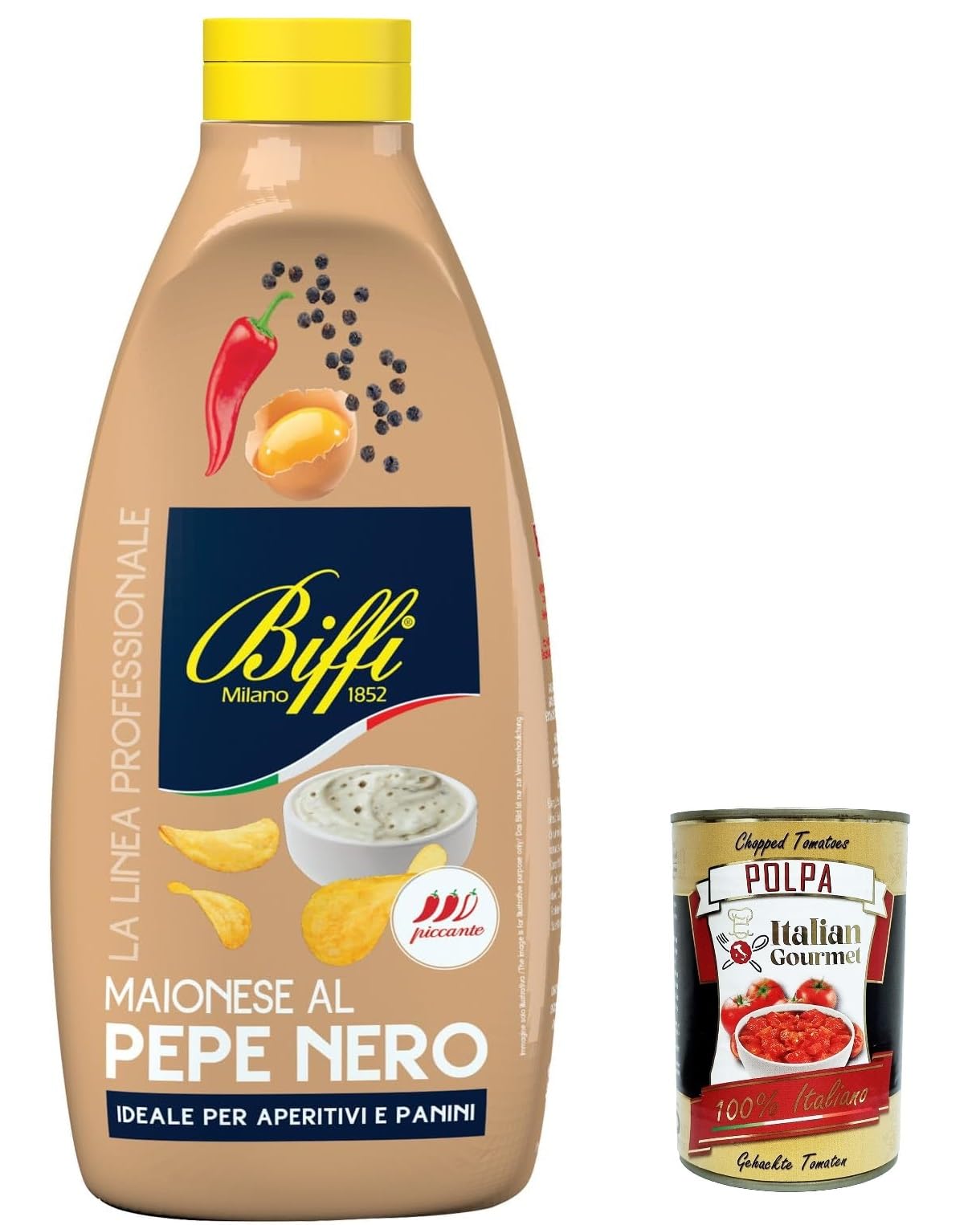 6 x Biffi Linea Professionale, Maionese al Pepe Nero, Black Pepper Mayonnaise Mayo Maionnaise Sauce Squeeze 900 g + Italian Gourmet Polpa 400 g