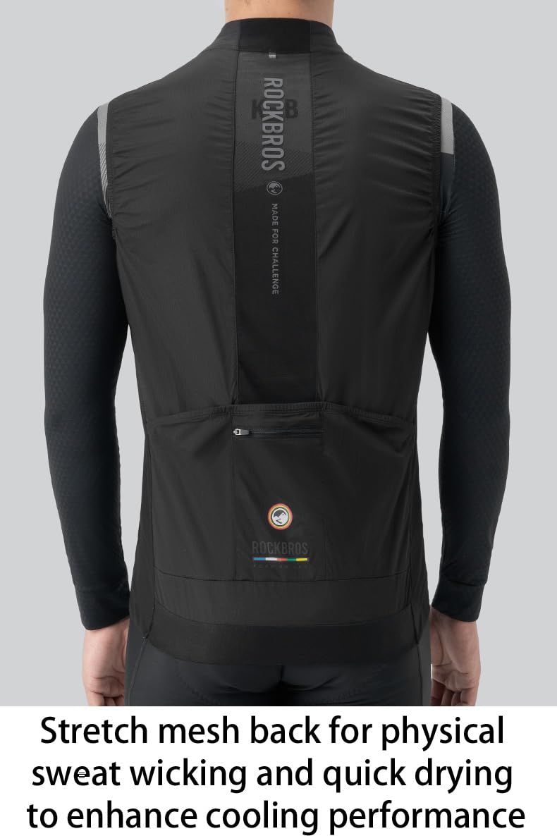 ROCKBROS Road to Sky Gilet da Ciclismo Uomo, Gilet Uomo Sportivo Antivento, Asciugatura Rapida, per Running, Bicicletta, Bici da Corsa, MTB, Gravel, Smanicato, Nero