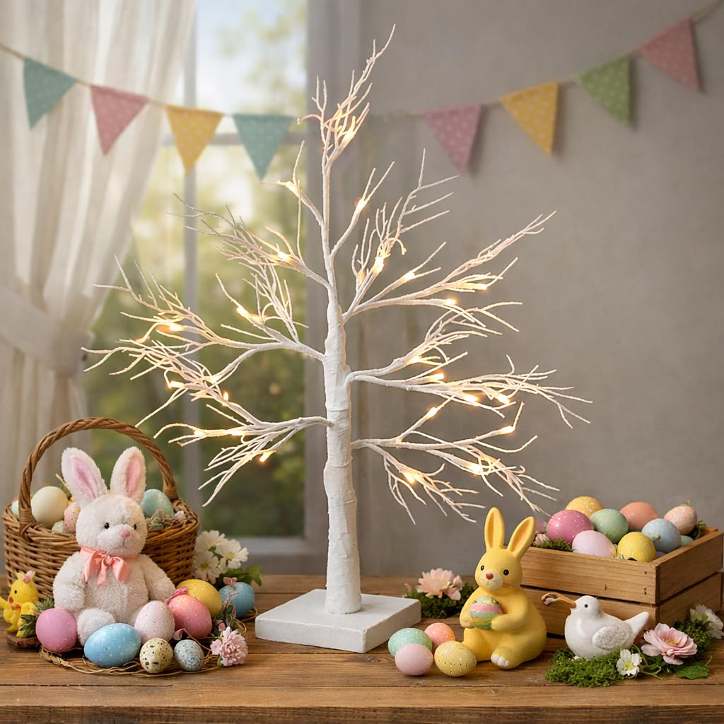 Marco Paul Interiors White Marco Paul 60Cm Easter Tree Light Up Twig Tree With Timer Easter Table Decorations Twig Tree With Lights Tabletop Birch Tree For Home Party Wedding Easter Decoration Home Gifts