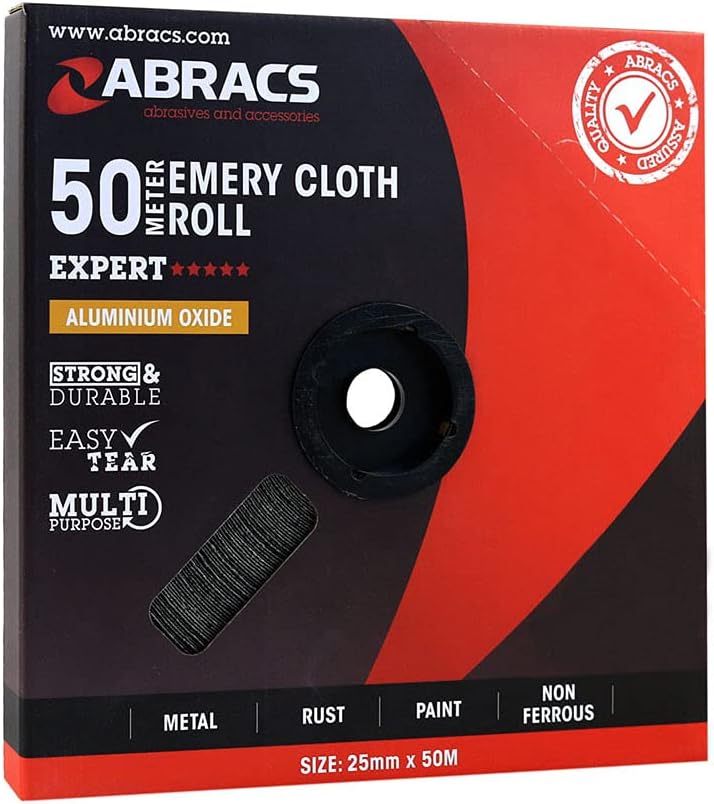 Abracs ABER2550100 Aluminium Oxide Emery Roll - 25mm x 50M x 100grit - With Dispenser Packaging - Pack contains 1 piece