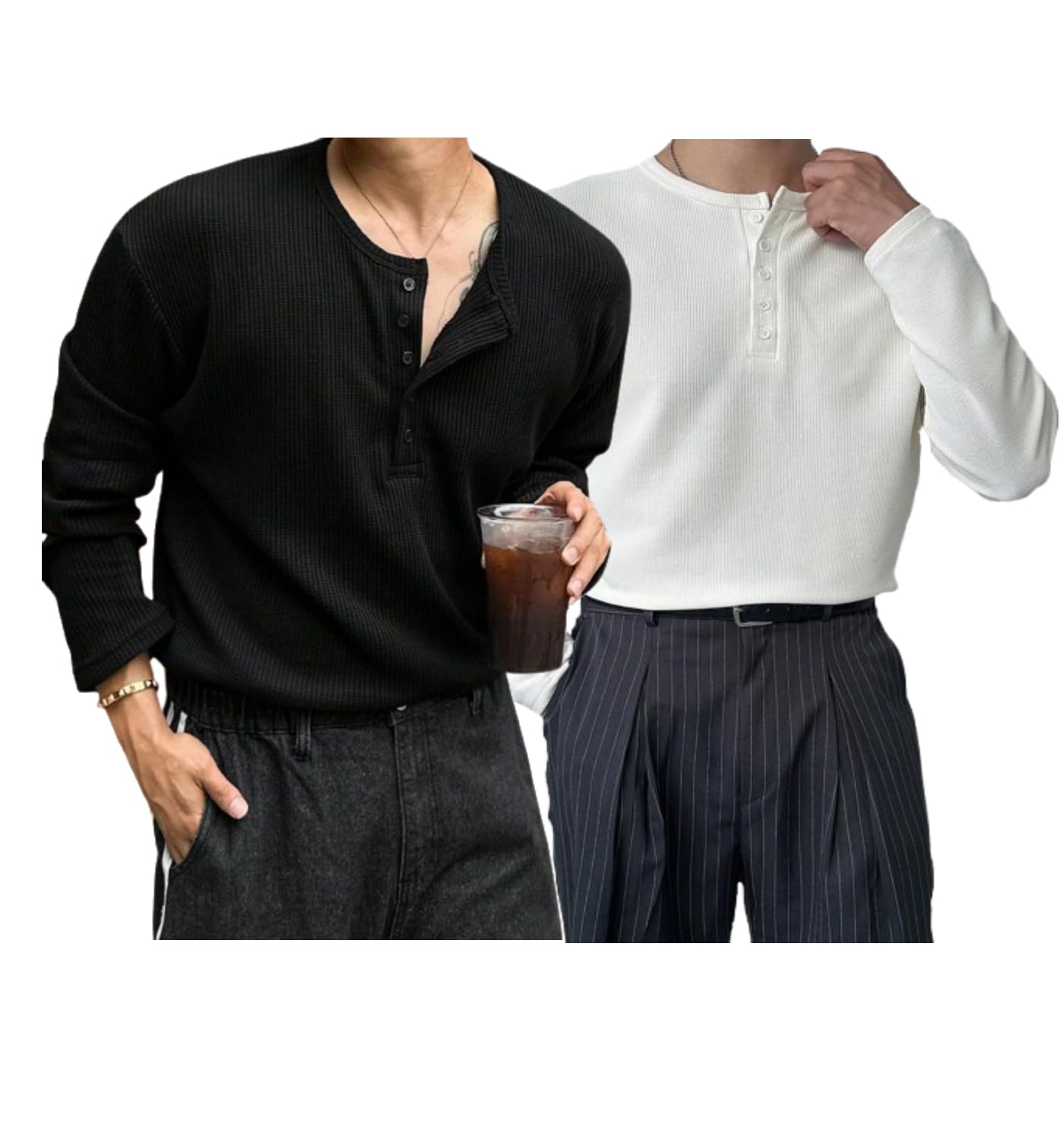 the modern soul Men's Textured Fabric Solid Color Basic Half-Open Collar T-Shirt, Fall Long Sleeve Men Shirt | Tshirt for Men | Combo Tshirts for Men (Pack of 2)-picture-36
