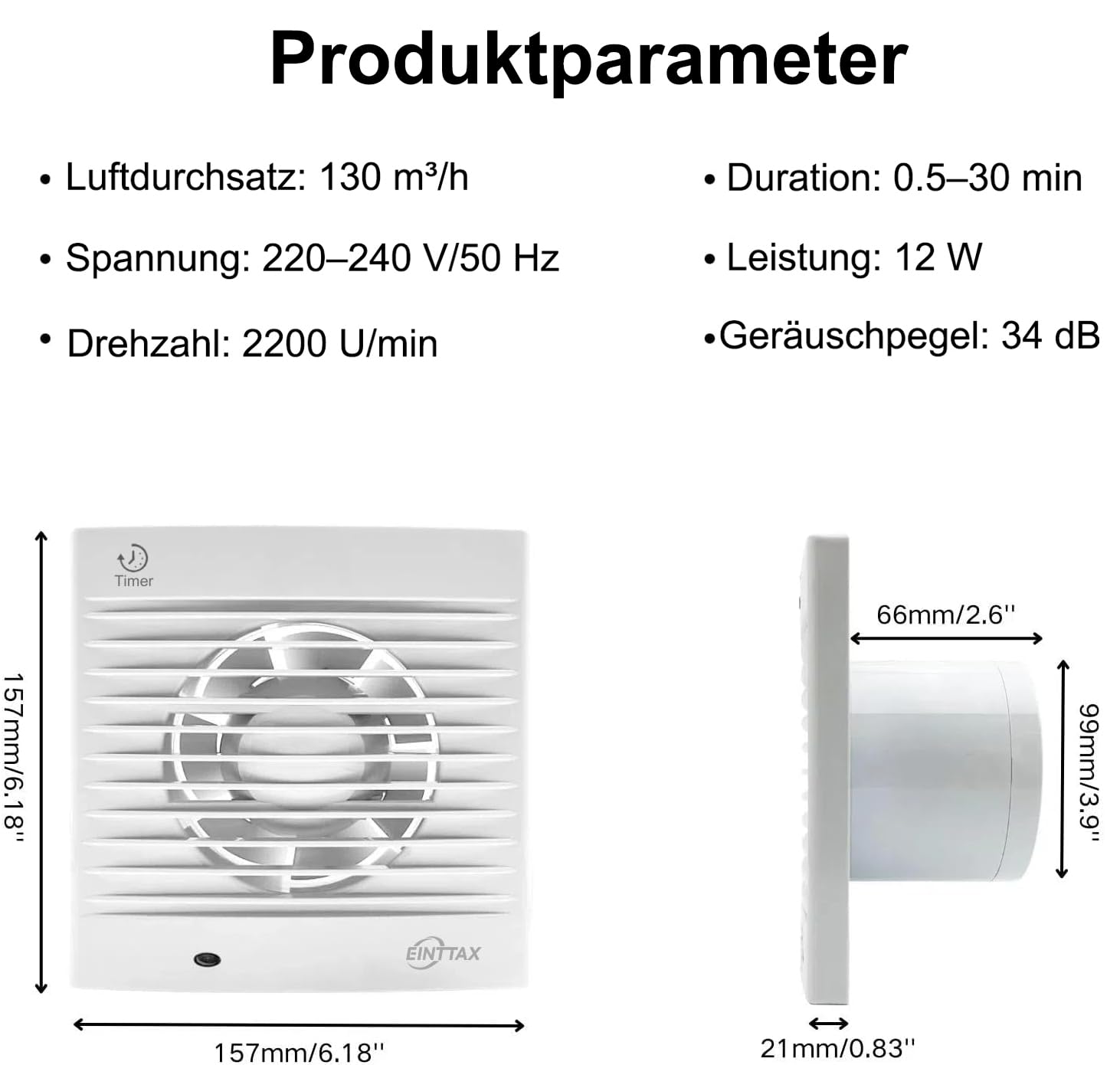 Badlüfter 100mm mit Nachlauf Abluftventilator Küche, 120m³/h IPX2 Wasserdicht Badlüfter mit Rückstauklappe,für Bad Küche Schlafzimmer Garage,Weiß
