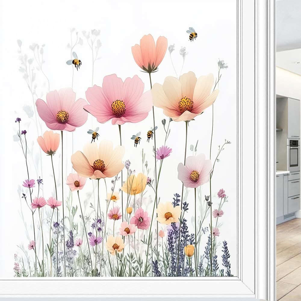 Minimalist Flowers Window Privacy Film Watercolor Wildflowers Plants Stained Glass Window Film Decorative Window Sticker for Home Window&Glass Door, Sun Blocking 35.4Wx55.1L inch