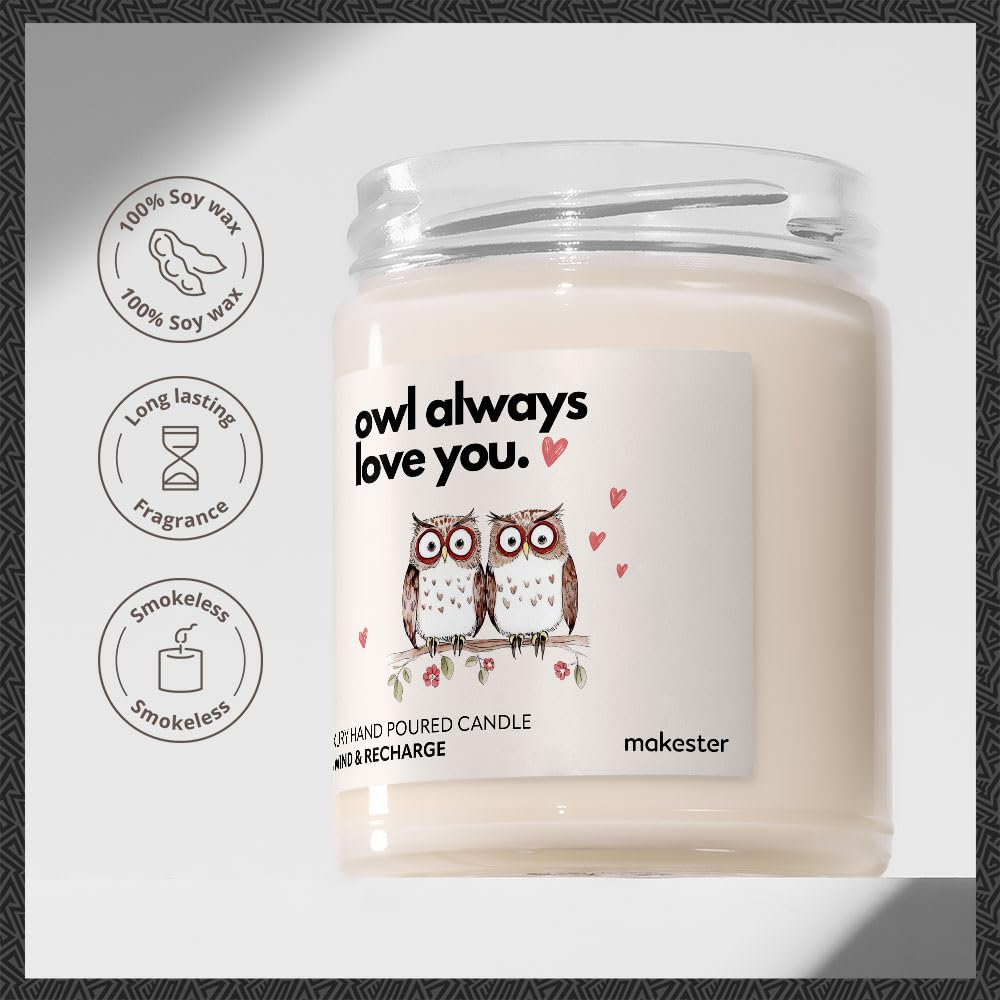 Owl Gifts - Luxury Soy Wax Candle - Vanilla, Jasmine, Sugared Almond - Makester, White - Image 2
