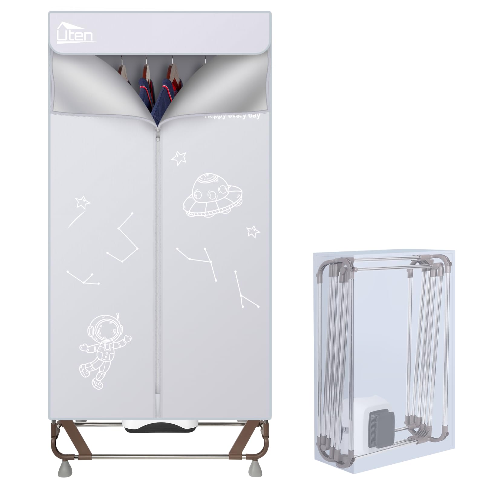 Wäschetrockner Elektrisch Tragbar, Uten Kleiderschrank Trockenmaschine, Keine Installation erforderlich, 140cm, 1500W, Grau