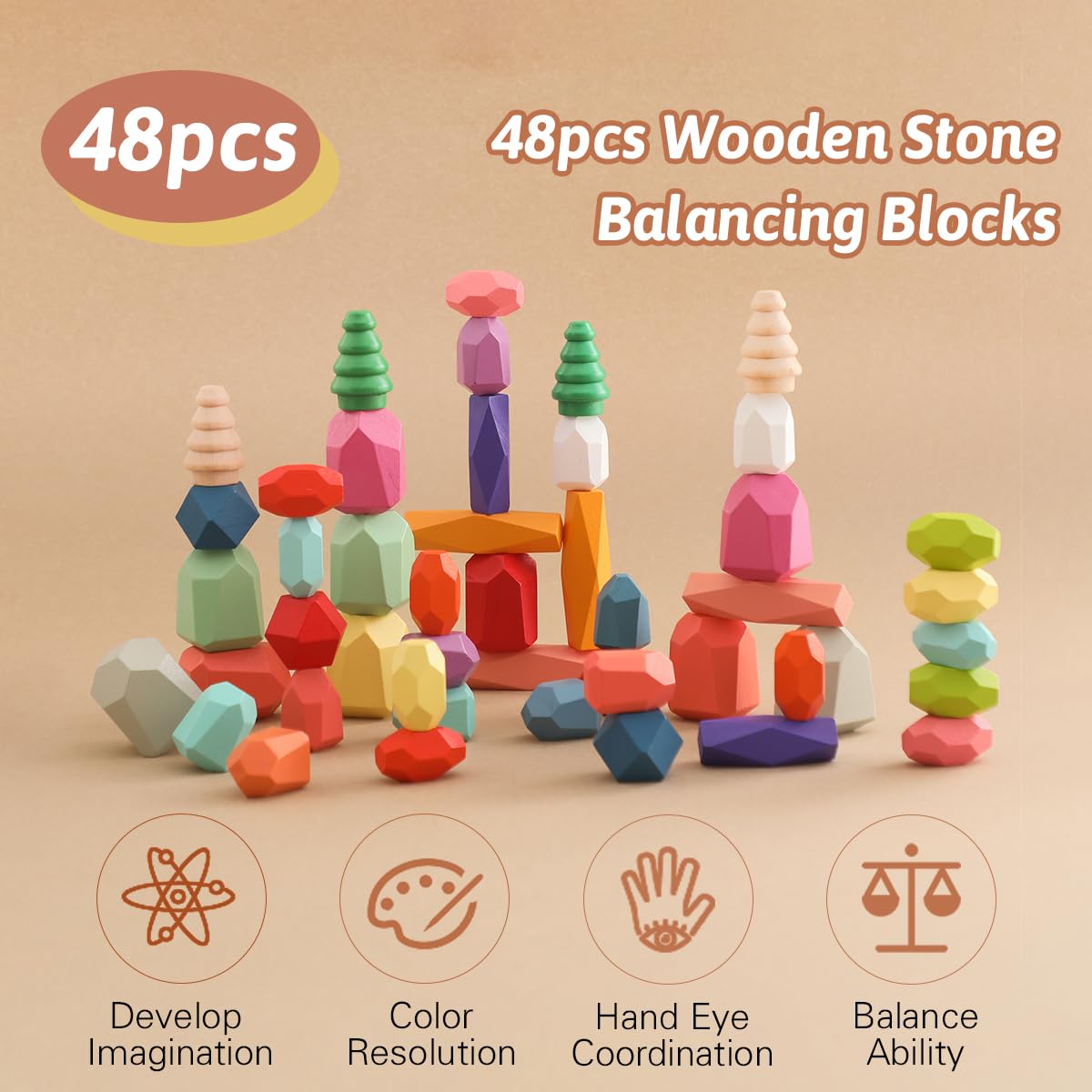 Giocattoli Impilabili in Legno - Pietre di Bilanciamento Waldorf Natura Blocchi di Costruzione Arcobaleno - Montessori (48 Pezzi Set)