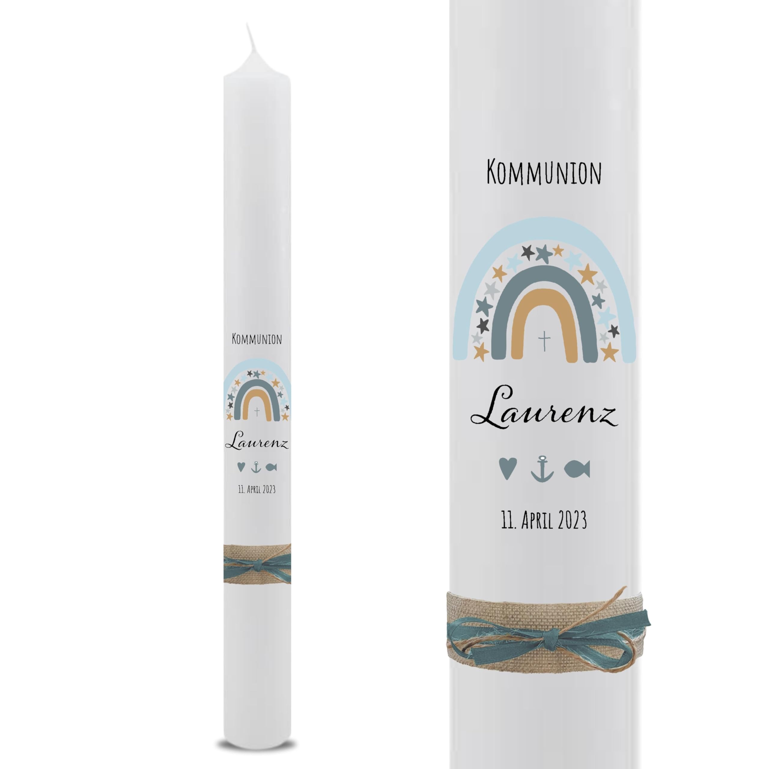 VILLA ROSA LOTTA – Personalisierbare Kommunionkerze Taufkerze „Laurenz“ mit Wunschdaten und Rückseite | Regenbogen Sterne | 40 cm x 4 cm | für Jungen und Mädchen | Altarkerze elfenbein