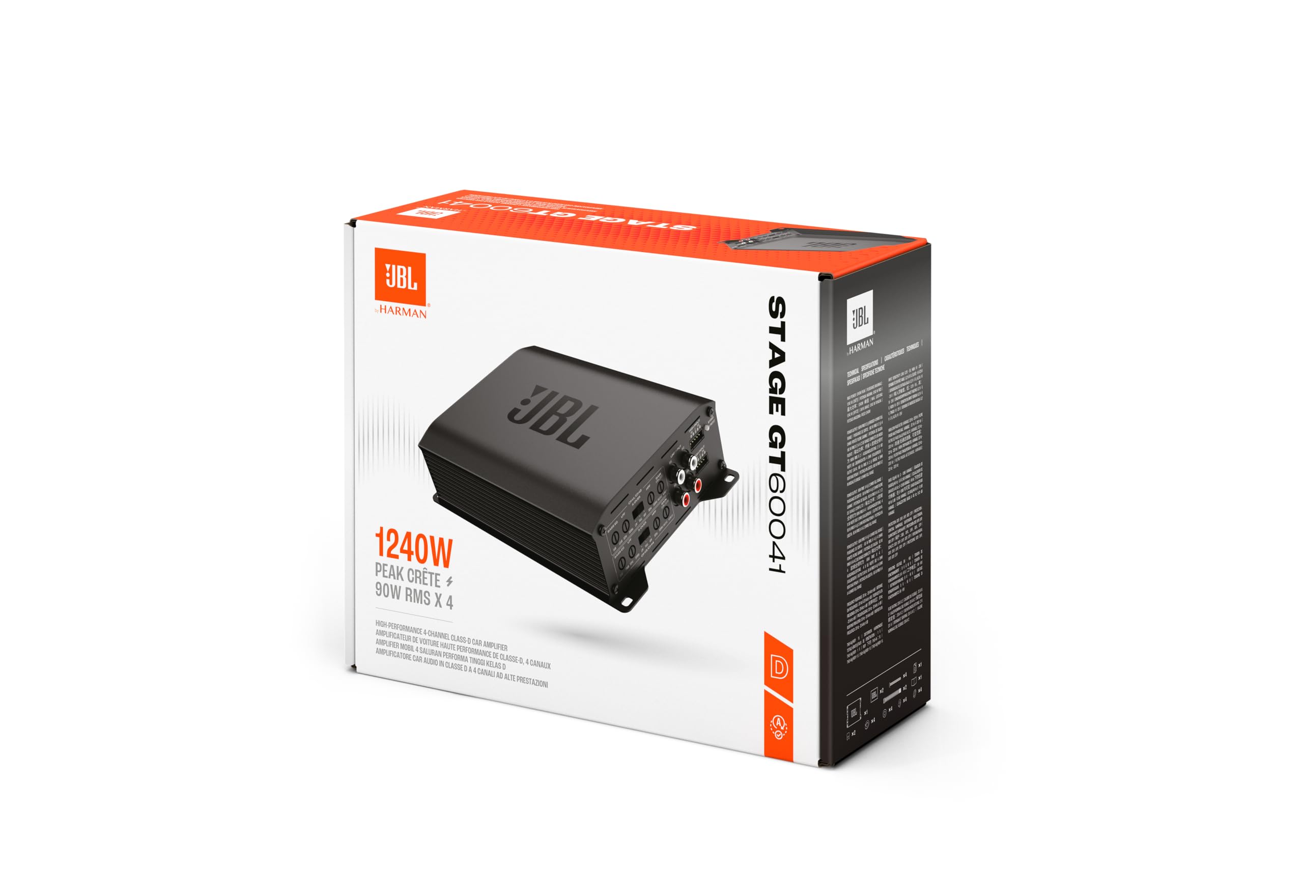 JBL Stage GT 60041 amplificador 4 canales Class-AB, 4x60 W RMS a 4 ohm, 4x80 W a 2 ohm, 2x160 W puenteado, full-range coche, filtros paso alto/bajo, rango 20 Hz–20 kHz