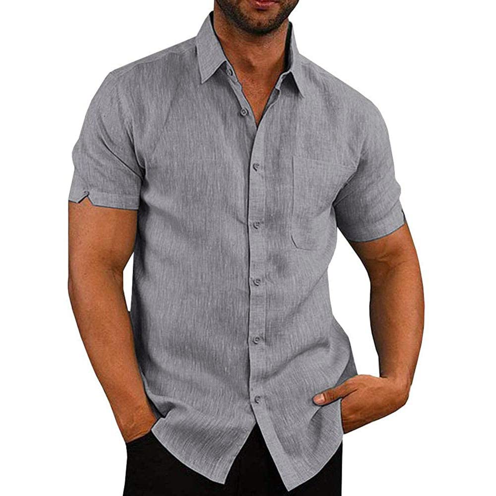 Glacspyg Camisa de Lino Hombres Camisa de Lino de Manga Corta Camisa de Trabajo Camisa Casual Calce Casual Vacaciones Verano Playa Camisa