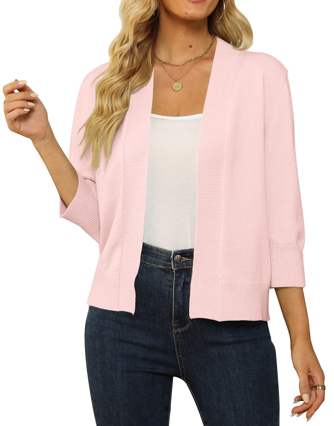 Women's 3/4 Sleeve Cropped Cardigan Sweater Open Front Short Shrugs Cardigans Lightweight Sweaters