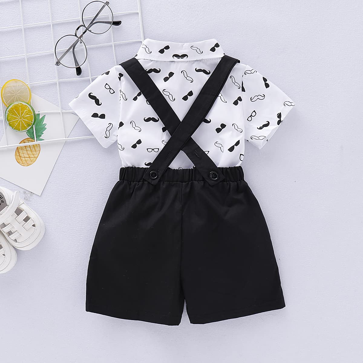 Verve Jelly Baby Boy Summer Clothes Gentleman Outfit Neonato Baffi Stampa pagliaccetto Camicia a maniche corte + Bretelle + Papillon 3 pezzi Set