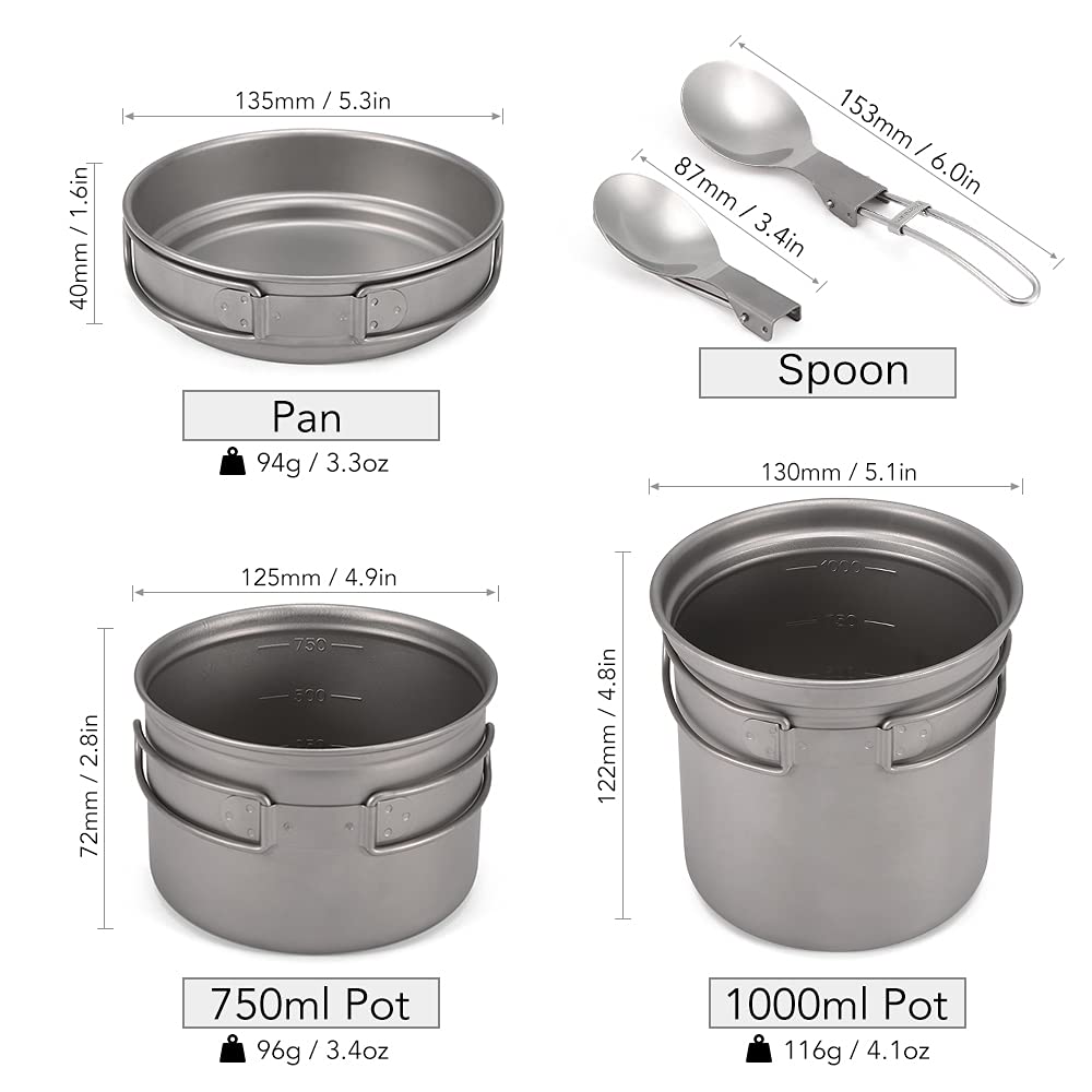 Cocoarm Camping-Titan-Kochgeschirr-Set, Leichtes Titan-Camping-Kochgeschirr, 1000 Ml Topf, 750 Ml Topf, Pfanne, Löffel für Outdoor-Wanderungen, Rucksackreisen