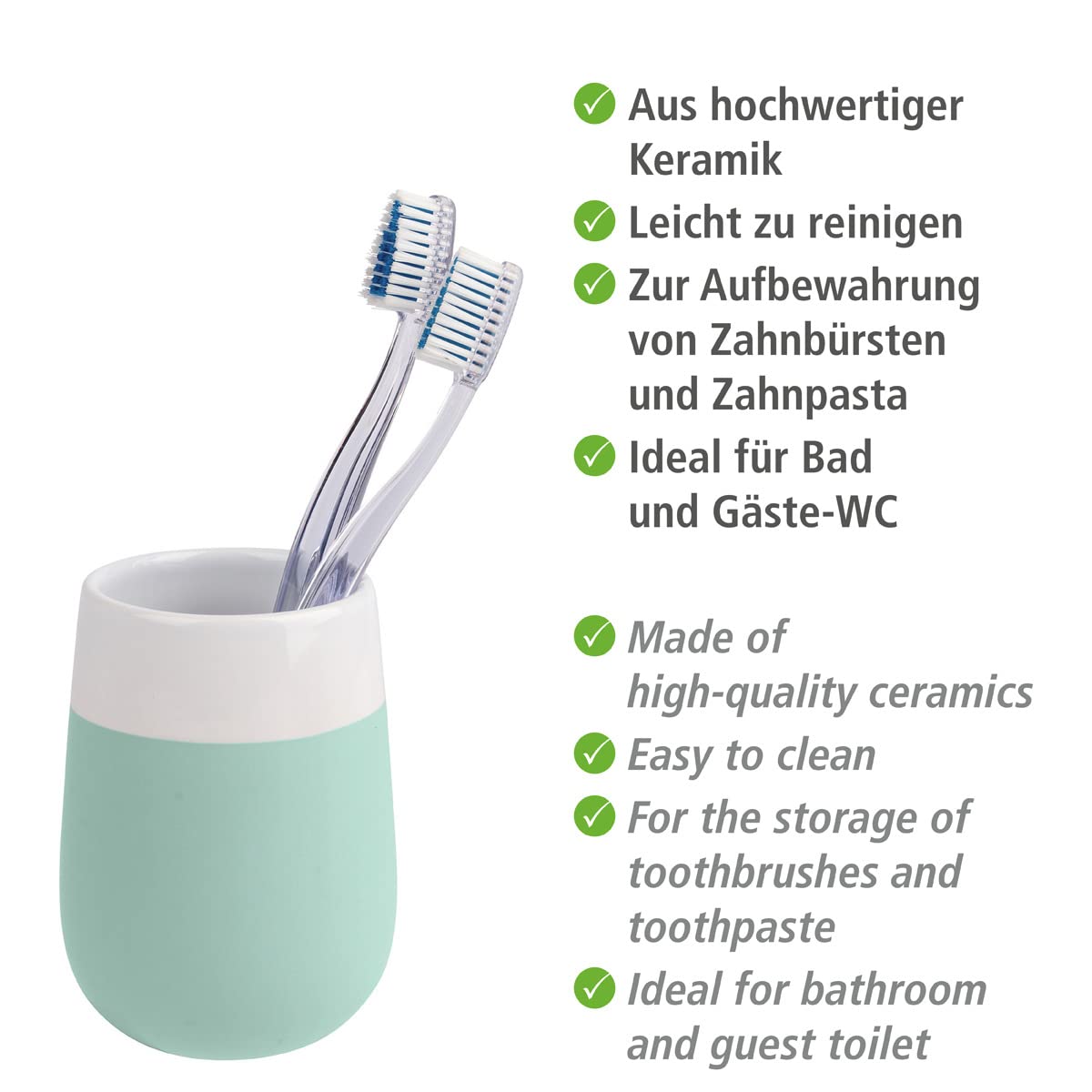 Wenko Malta Vaso para Cepillos de Dientes, Cerámica, Verde Menta, 8x8x11 cm