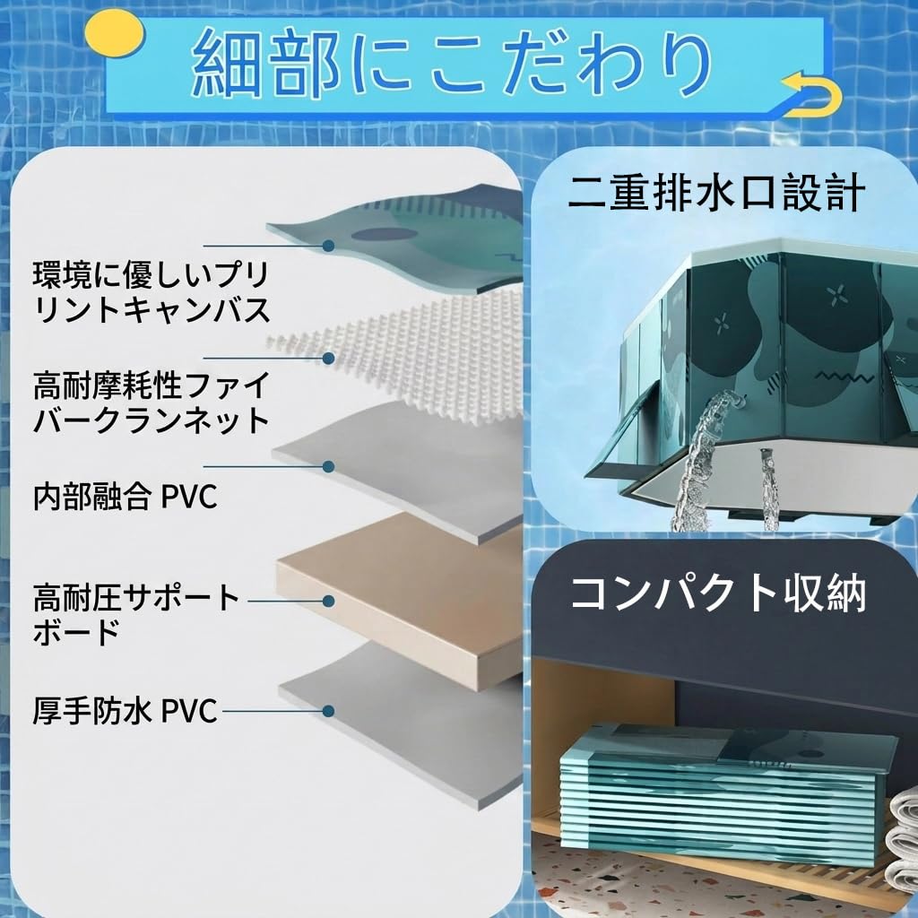 プール 大型 空気入れ不要 ビニールプール 子供用家庭用 簡易 自宅用 折りたたみ 四角い 長方形 耐高温 耐摩擦 厚み 強い耐荷重 組み立て不要 収納便利 水遊び 夏の日 猛暑対策 ベランダ 庭 室内 室外 簡単な排水 (210*140*55cm,D) - 3