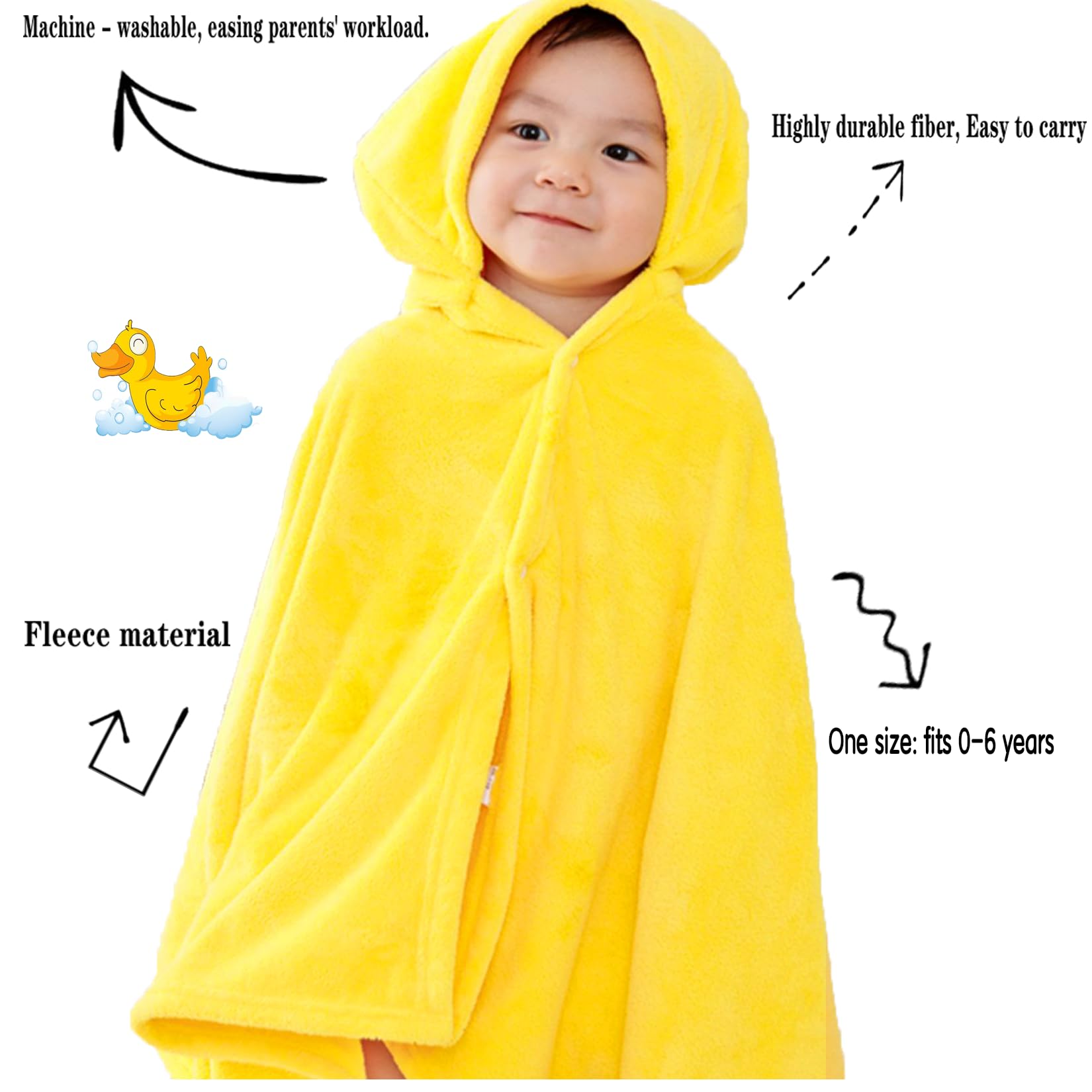 Toalla de baño para niños pequeños, Toallas de bebé con Capucha, 27.5 x 55 Pulgadas, Ultra Absorbente, Suave, Toalla de Ducha para niños y niñas (Pato Amarillo)