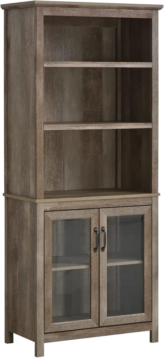 HOMCOM 71" Bookcase Storage Hutch Cabinet with Adjustable Shelves and Glass Doors for Home Office, Kitchen, Living Room, Natural Wood Large Natural Wood