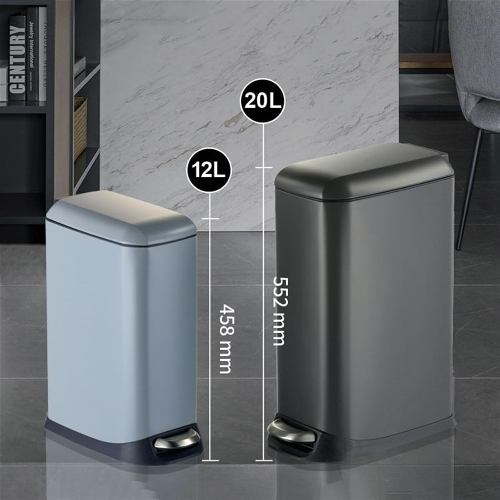 Premium Indoor, Wąski kosz na śmieci o pojemności 12/20 litrów z cicho zamykaną pokrywą, kosz na śmieci ze stali nierdzewnej z wyjmowanym koszem na śmieci, kosz na śmieci z pedałem schodkowym do łazie