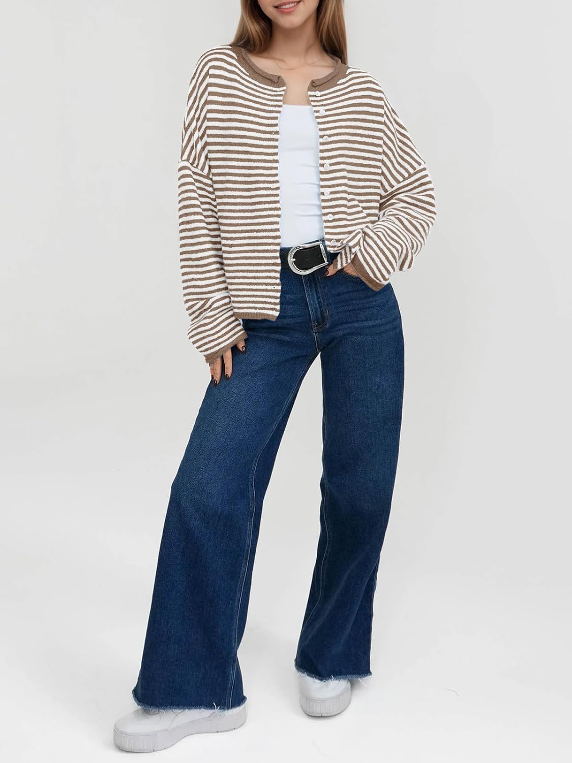 Saodimallsu Womens Striped Cardigan Casual Long Sleeve Open Front Button Down Loose Knit Lightweight Fall Sweaters - Image 4