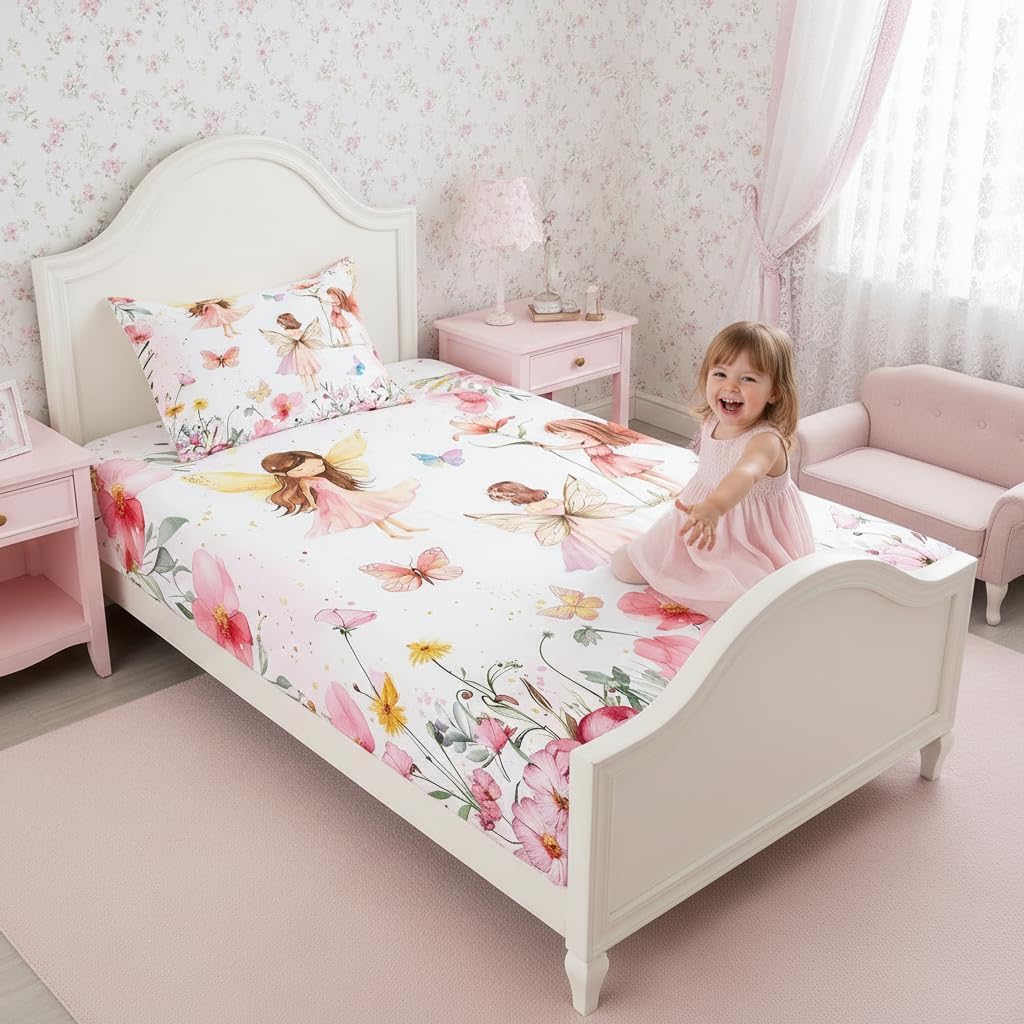 Erosebridal Dreamy Fairy Twin Fitted Sheet,Pink Fairy Garden Bedding Set for Girls Kids,Cute Floral Butterfly Bed Set,Princess Girly Coquette Bed Sheets 2Pcs Bedroom Decor (No Flat Sheet)
