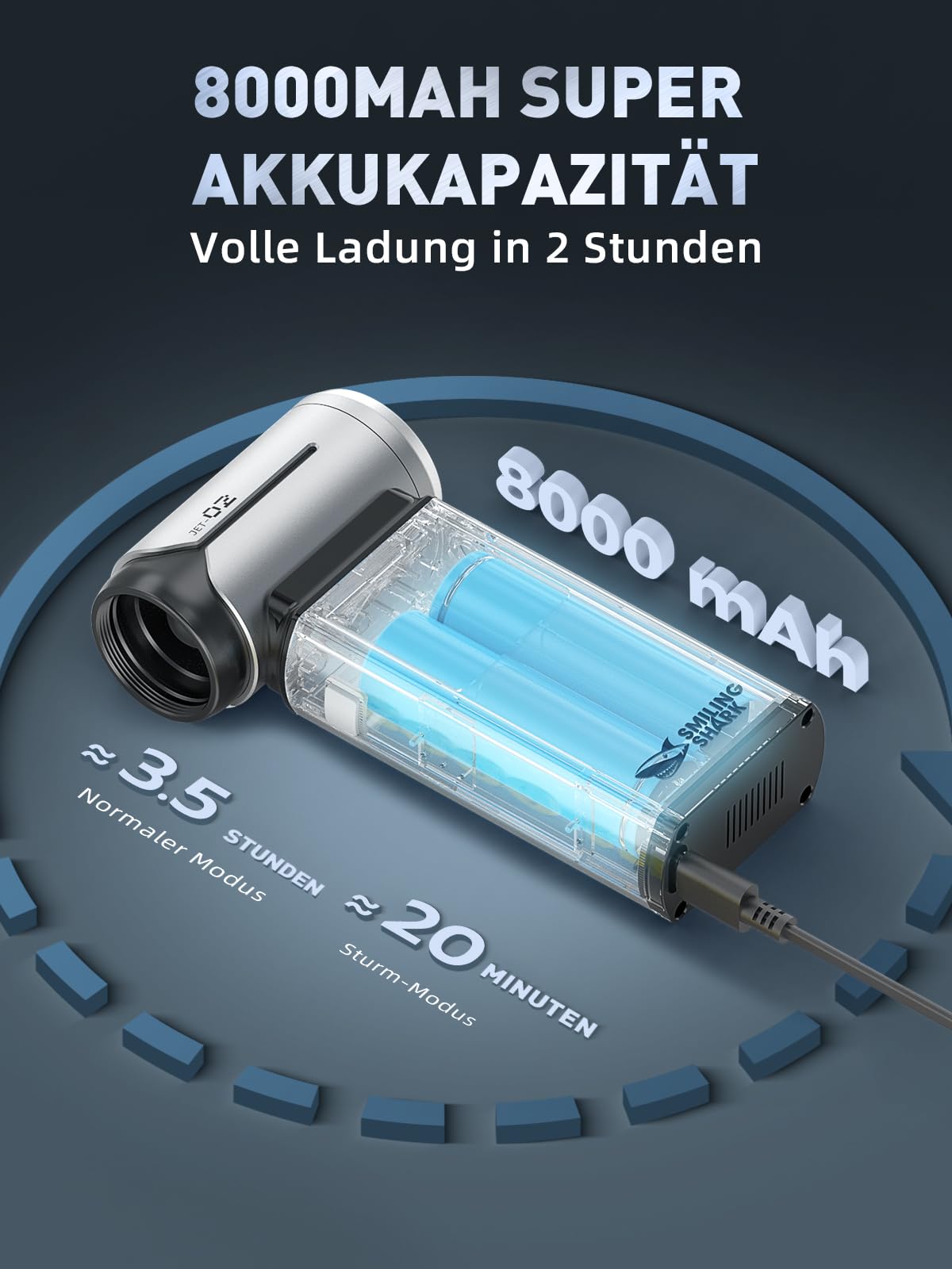 Smiling Shark Elektrische Staubgebläse Luftdruckspray, J02 Superkraft 150000U/Min aus Aluminum Mini-Gebläse mit 2 Modi (Normal&Sturm) und 8000mAh Akku, Turbo Handventilator für Kühlung/PC/BBQ/Auto