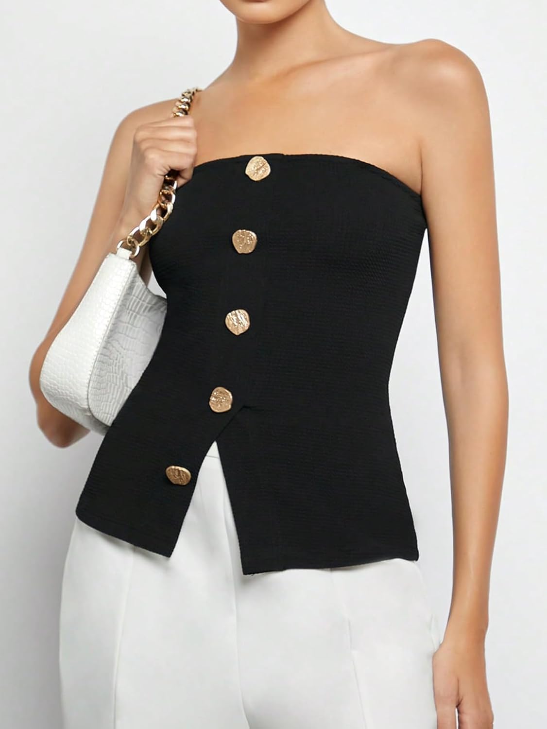 Floerns Women's Button Front Sleeveless Strapless Bandeau Split Hem Tube Top - Image 3