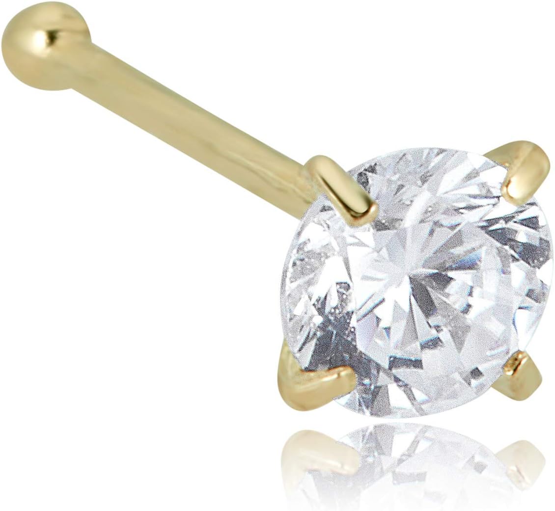 14K Gold Simulated Diamond CZ Nose Ring Stud - 1.5mm,2mm and 3mm (20 Gauge)