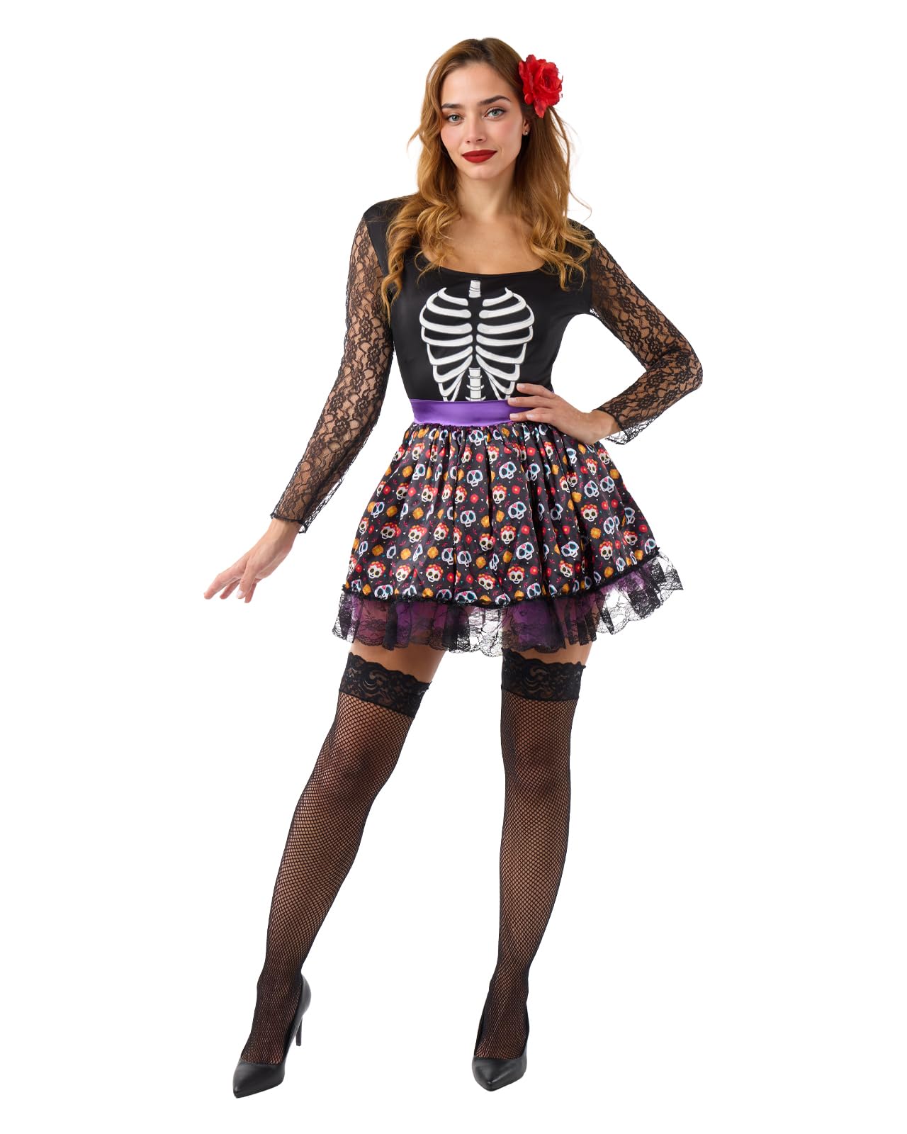 Funidelia Disfraz de Catrina esqueleto para mujer, Calavera mexicana, Incluye vestido - Traje para adultos para fiestas, Carnaval y Halloween, Talla M