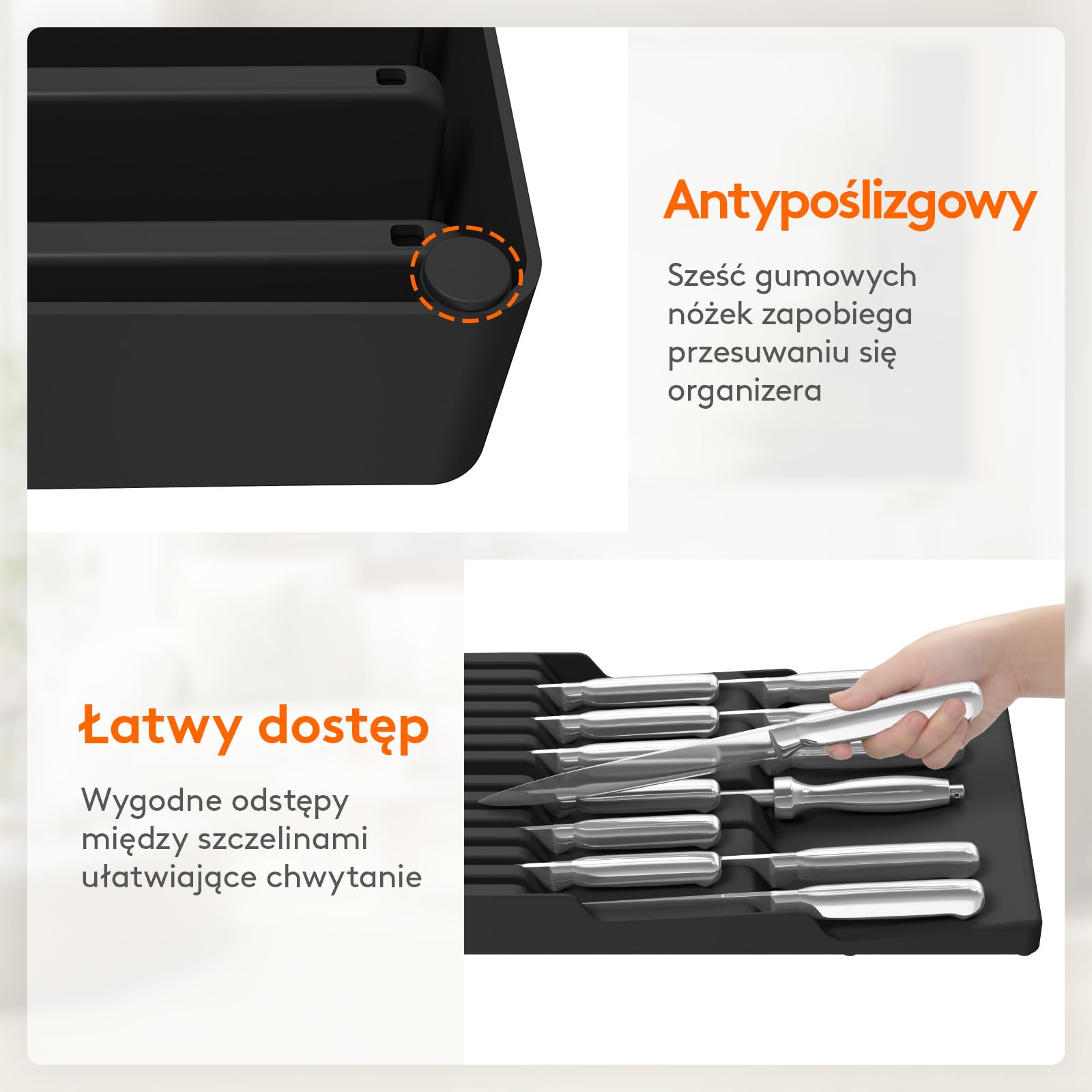 Lifewit Magnetyczna wkładka nożowa, szuflada na 12 noży, czarna | Organizer na noże pusty z tworzywa sztucznego z antypoślizgowym dnem, duża wkładka na noże do szuflady, 42 x 23 x 5 cm