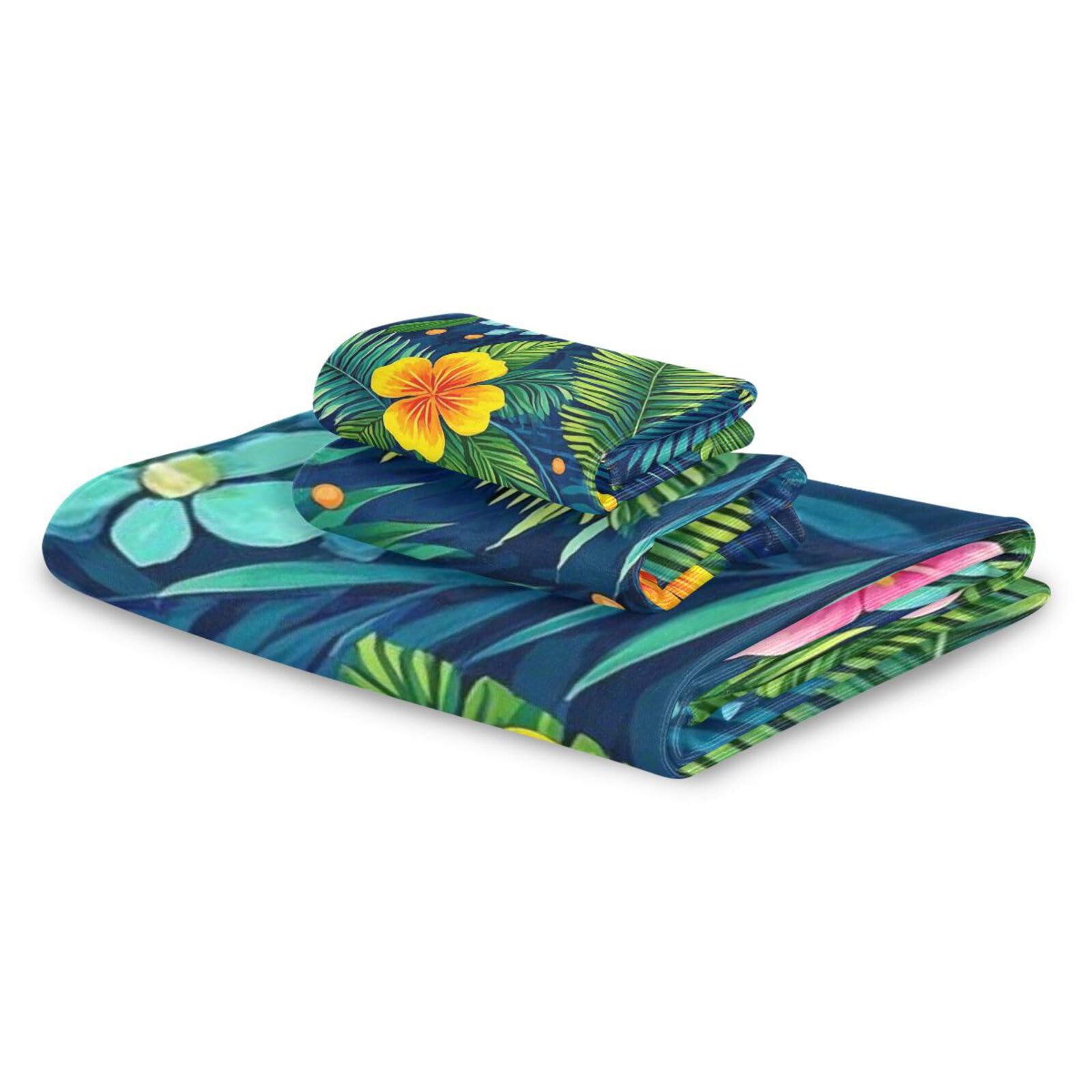 Set di 3 asciugamani decorativi colorati con foglie tropicali, 1 asciugamano da bagno, 1 asciugamano per le mani, 1 panno per la casa, cucina e famiglia