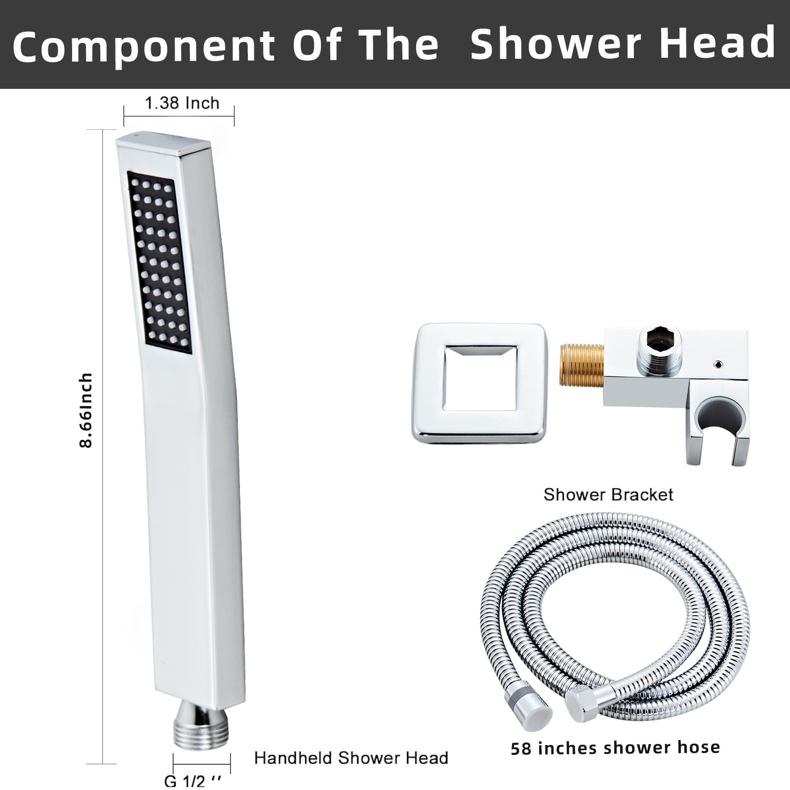 Cabezal de ducha de mano de latón de alta presión, cabezal de ducha cuadrado con conector de pared y kit de manguera de 58 pulgadas para sistemas de baño, estilo moderno (plateado)