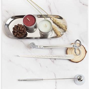 4 in 1 Candle Accessory Set Candle Wick Trimmer Cutter Candle Snuffer Extinguisher Wick Dipper with Storage Tray Plate Great for Scented Candles Lovers (Silver)