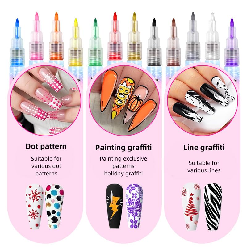 12 Colors Nail Art Pens Set, 0.7mm Nail Markers & Nail Pens for Kids, Quick Dry Nail Polish Pens for Nail Art, Vibrant Art Pens for DIY image 4
