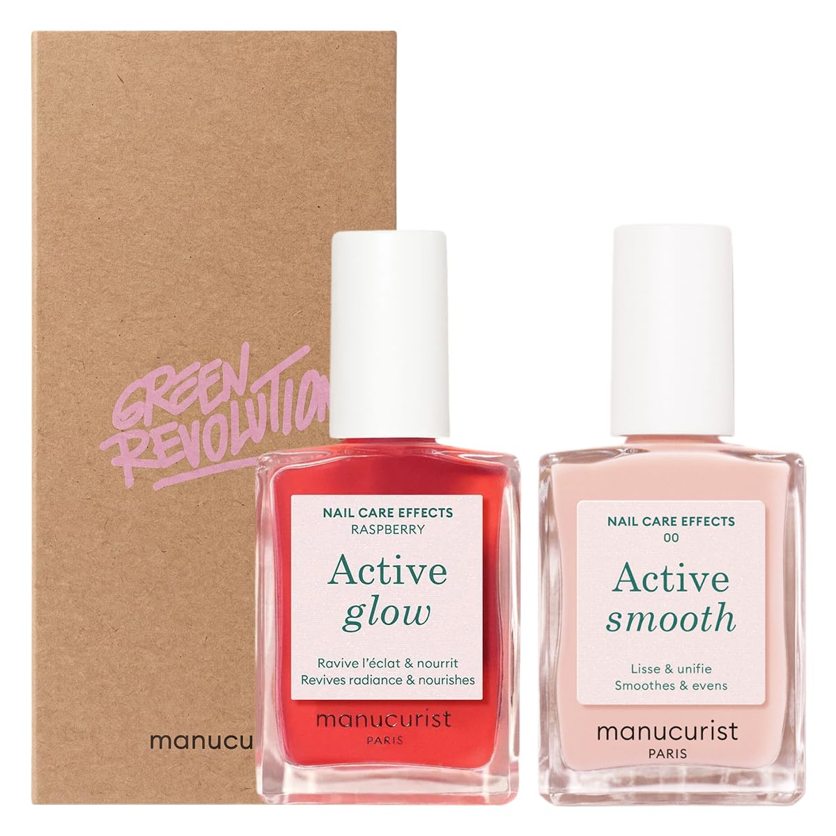 Manucurist Active Icons Duo Nagellack Set – Active Glow Raspberry und Active Smooth 00 Nagellacke – Nagelhärter – Aufhellender Behandlungslack & Pflege – Geschenkset Frauen