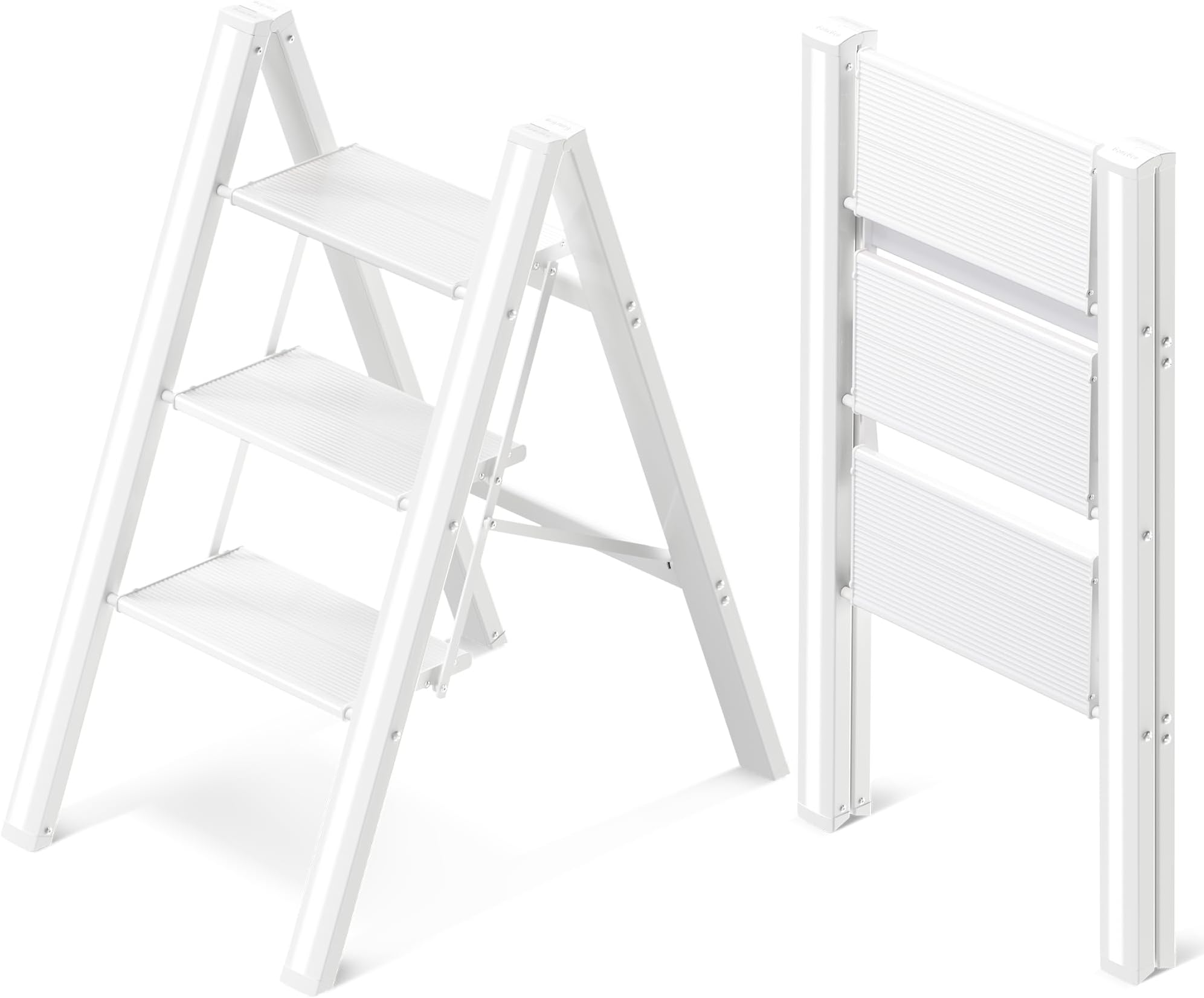 GameGem 3 Step Ladder, Aluminum Folding Step Stool with Anti-Slip Sturdy and Wide Pedal, Lightweight Portable Stepladder for Home and Kitchen Use Space Saving, Cream White, 330 lbs