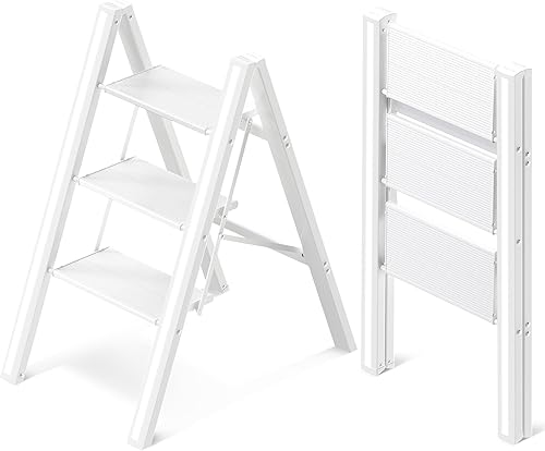 GameGem Escalera de 2 escalones, taburete plegable de aluminio de 2 escalones con pedal antideslizante resistente y ancho, escalera de mano ligera y