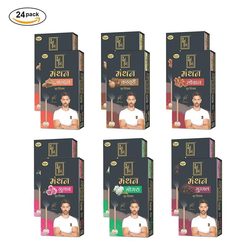 Zed Black Manthan Dhoop Sticks in 6 Fragrances - Mogra, Guggal, Chandan, Gulab, Loban & Kasturi - Pack of 12 Bamboo Less Incense Sticks (120 Units) offers donot miss
