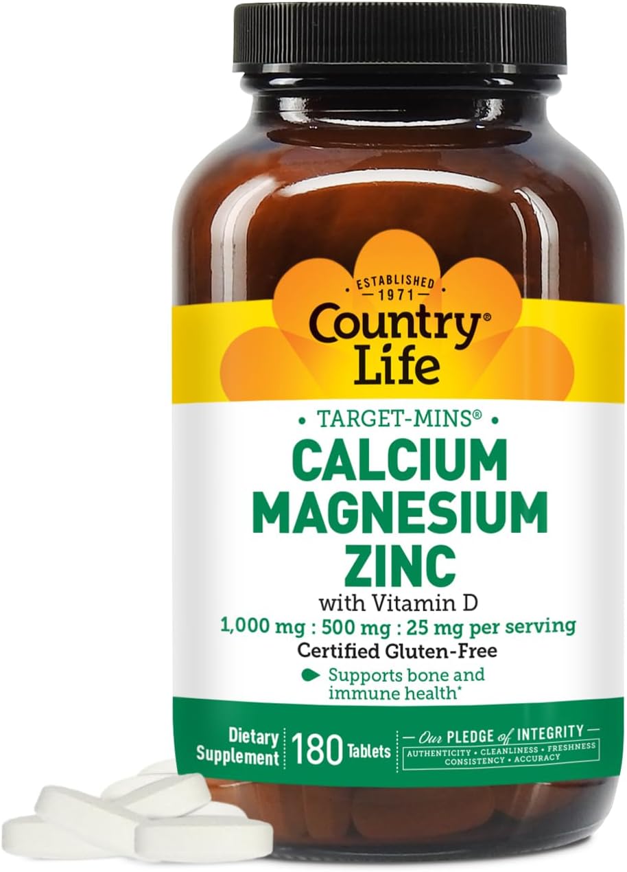 Country Life Calcium Magnesium Zinc with Vitamin D3 and L-Glutamic Acid, Dietary Supplement for Bone Support, Certified Gluten Free , 1000mg/500mg/25mg, 180 Tablets