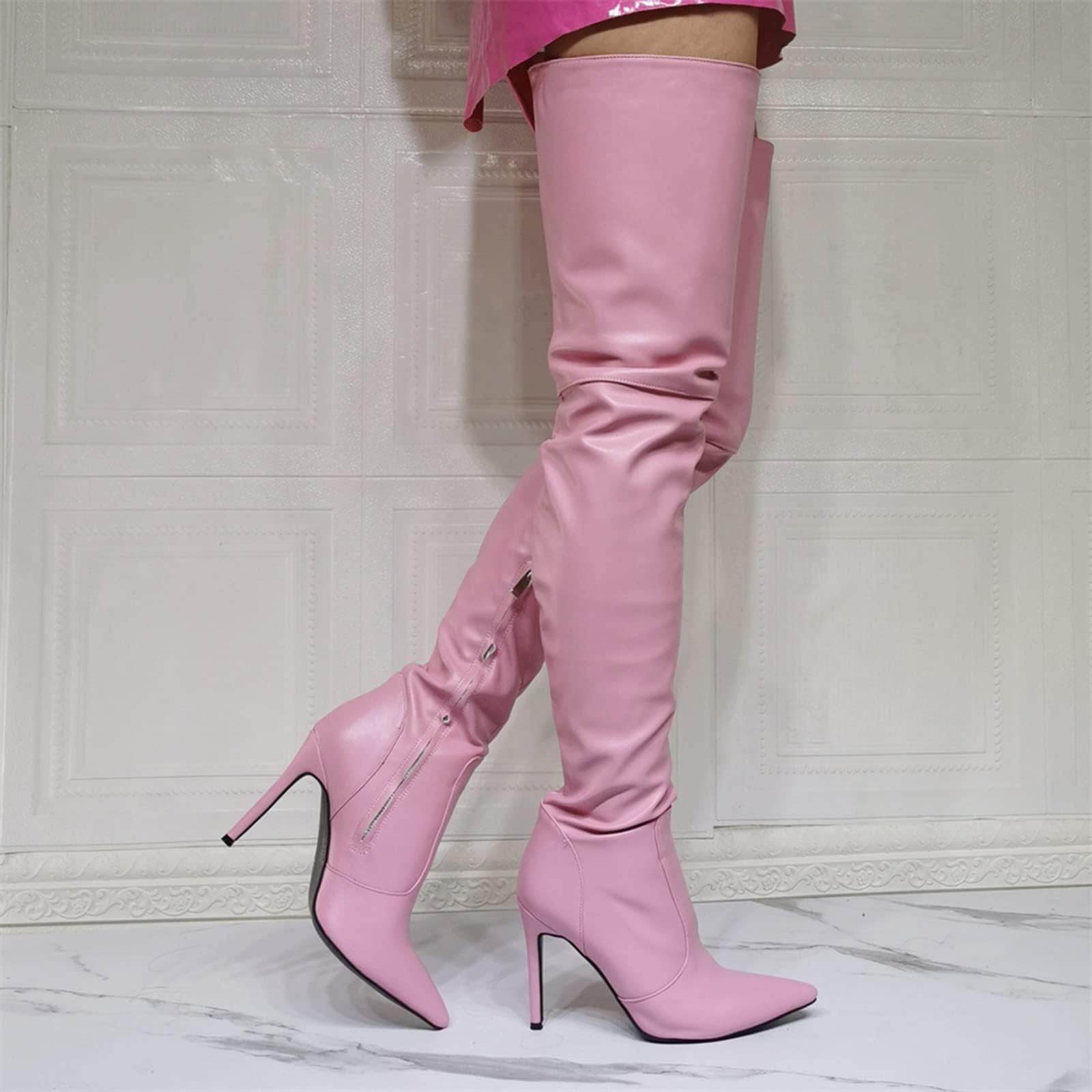 BeAUZQ Damenmode Rosa Spitz Overknee Stiefel Sexy Oberschenkelhohe Stiefel Fetisch High Heels Sexy Stripper Club Pole Dance Party Schuhe