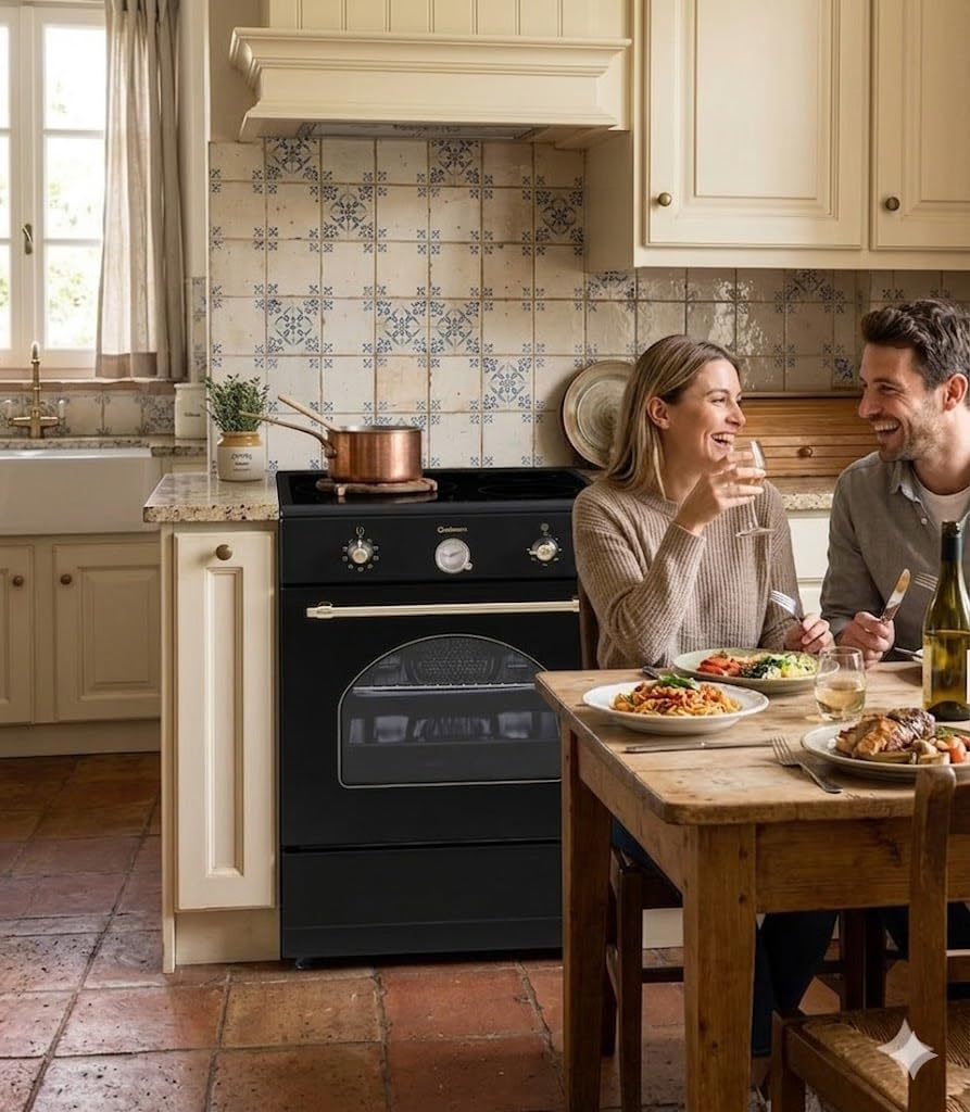 INDUCCION COCINA SOLTHERMIC 60x60 VTI60 NEGRA ACABADOS DORADOS/HORNO GRAN CAPACIDAD CON TURBO 60L / FUNCIONES BOOSTER, ALTA POTENCIA, CALENTAMIENTO RÁPIDO / 3 ZONAS (1 GRAN ZONA) / BAJO CONSUMO (A)