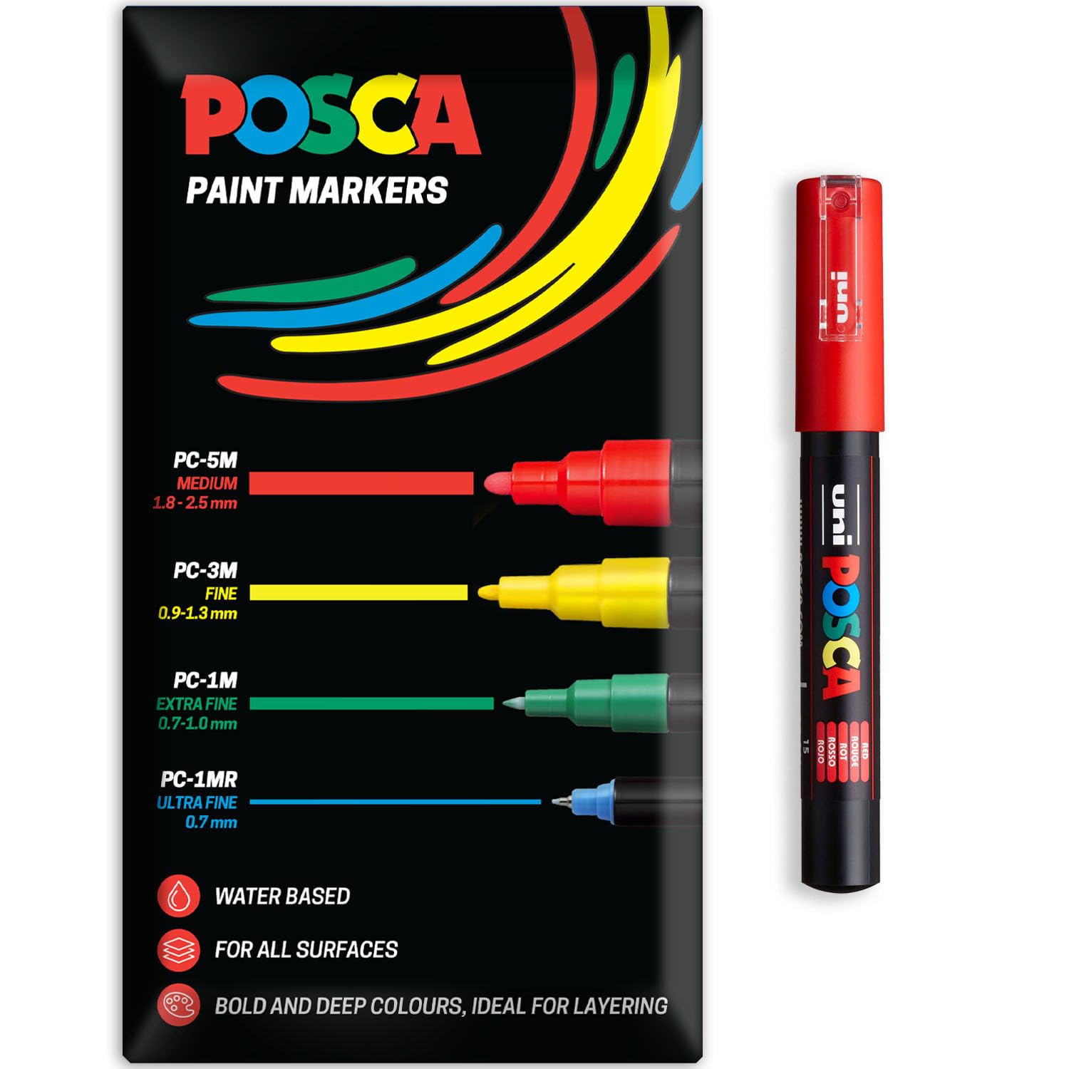 Posca Water Based Acrylic Paint Marker Pens | Multi Surface Use Permanent Paint Pen | Pack of 1 in Envelope Gift Packaging | Glass, Fabric, Canvas, Wood etc | PC-1M, Red