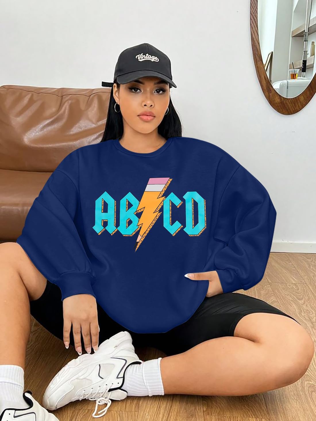 MAXIMGR Teacher Sweatshirt Women Oversized Rock'n Roll Sweatshirt ABCD Alphabet Graphic Back to School Pullover Top