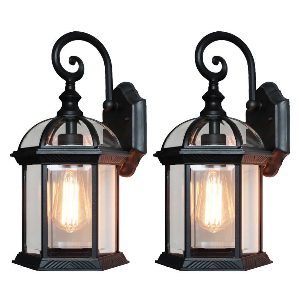 Moddeny Black 2 Pack Retro Waterproof Outdoor Wall Lanterns E27 Aluminum Outdoor Wall Light Fixtures Farmhouse Exterior Wall Sconce Porch Lights For Patio Front Door Entryway