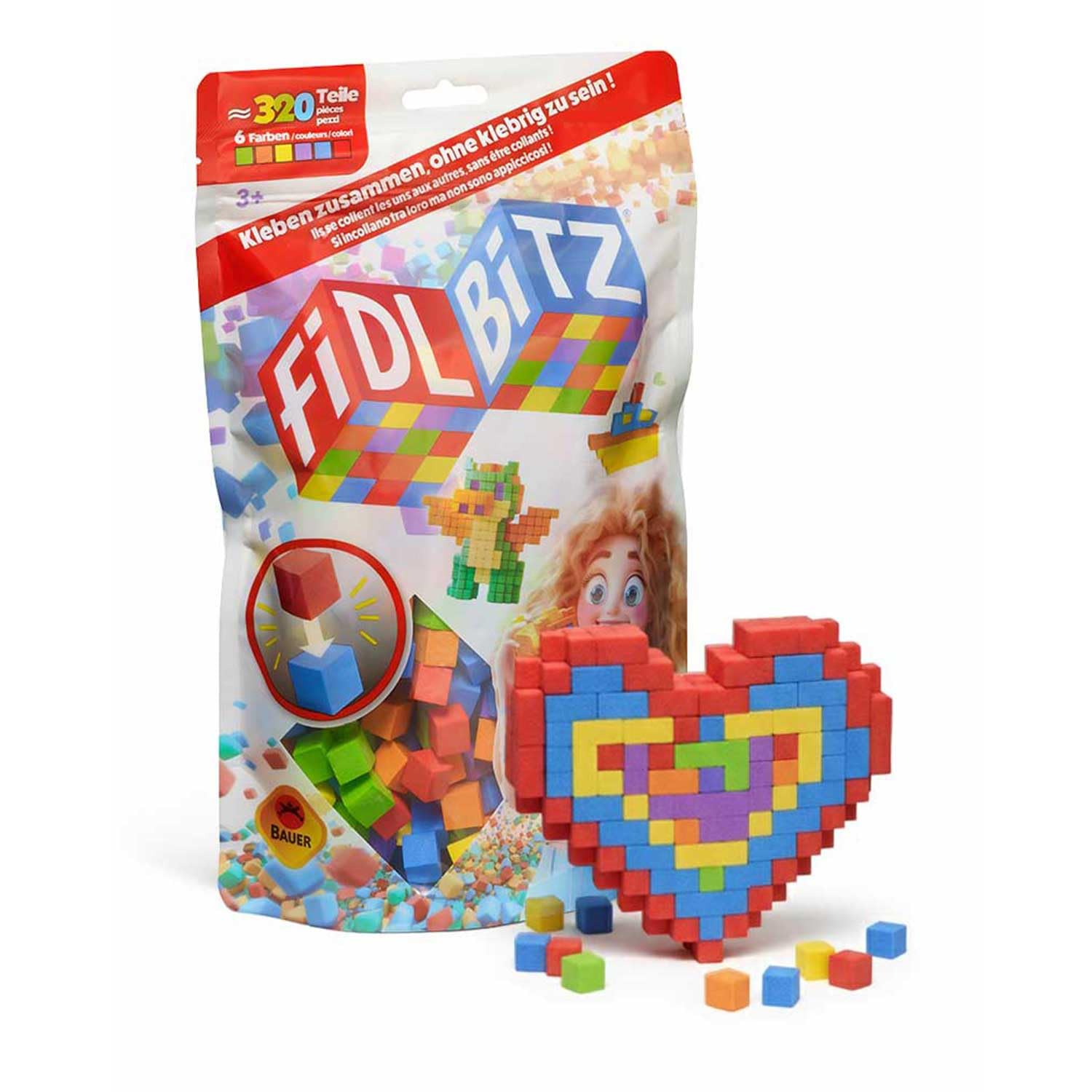 FIDL BITZ Bag of Bitz - 320 Self-Adhesive Foam Cubes - Creative Motor Skills Toy Construction Toy Adhesive Building Blocks without Adhesive Fingers without Residue - for Children from 3 (21101)