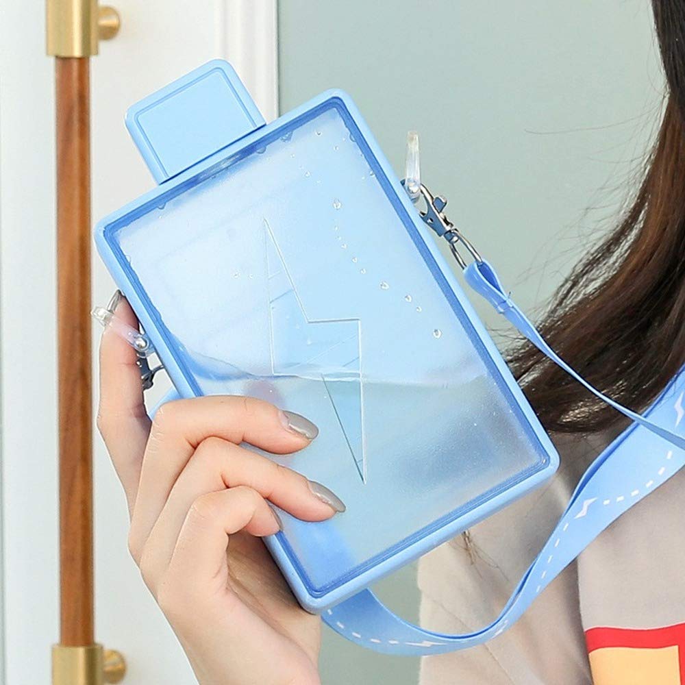 YunQin450ML Creative Summer Plastic Cup, Outdoor Convenient Large Capacity Rectangular Juice Cup for Girls, Cute Lightning Water Bottle (blue)