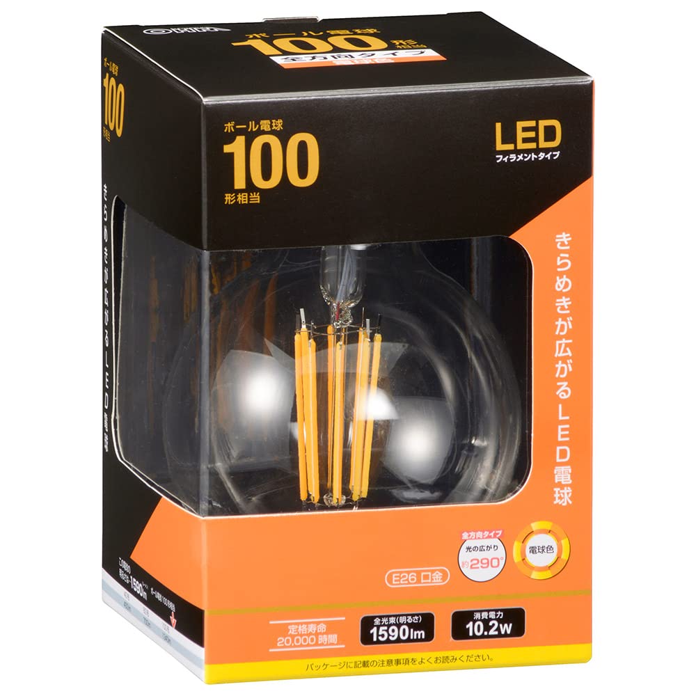 オーム電機 LED電球 フィラメント LEDエジソン電球 ボール電球 E26 100形相当 電球色 LDG10L C6 06-3458 OHM