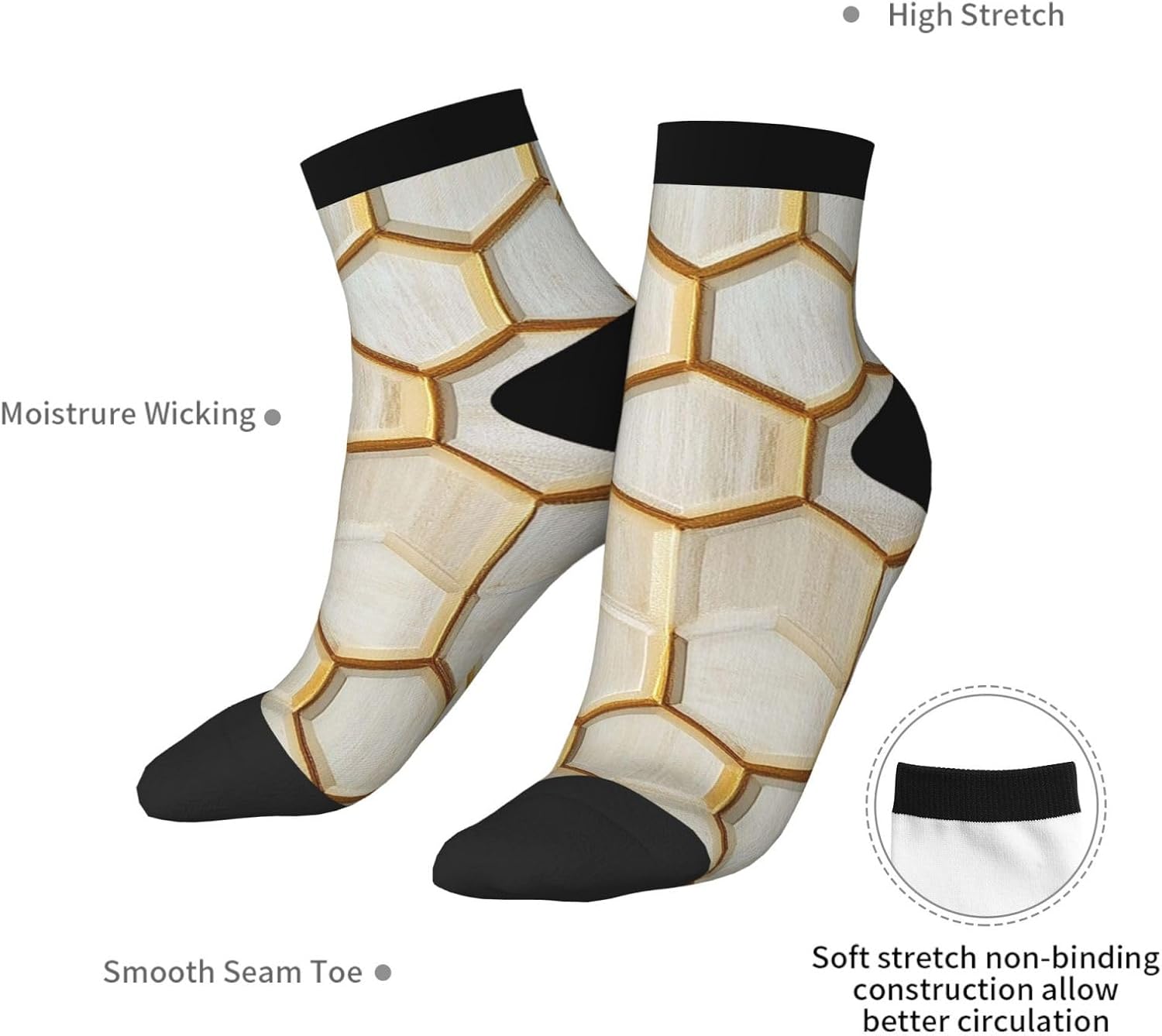 Ankle Socks Soft Breathable Calf Sock Profile Geometric Ivory Gold Socks Low Cut Crew Socks for Men Women