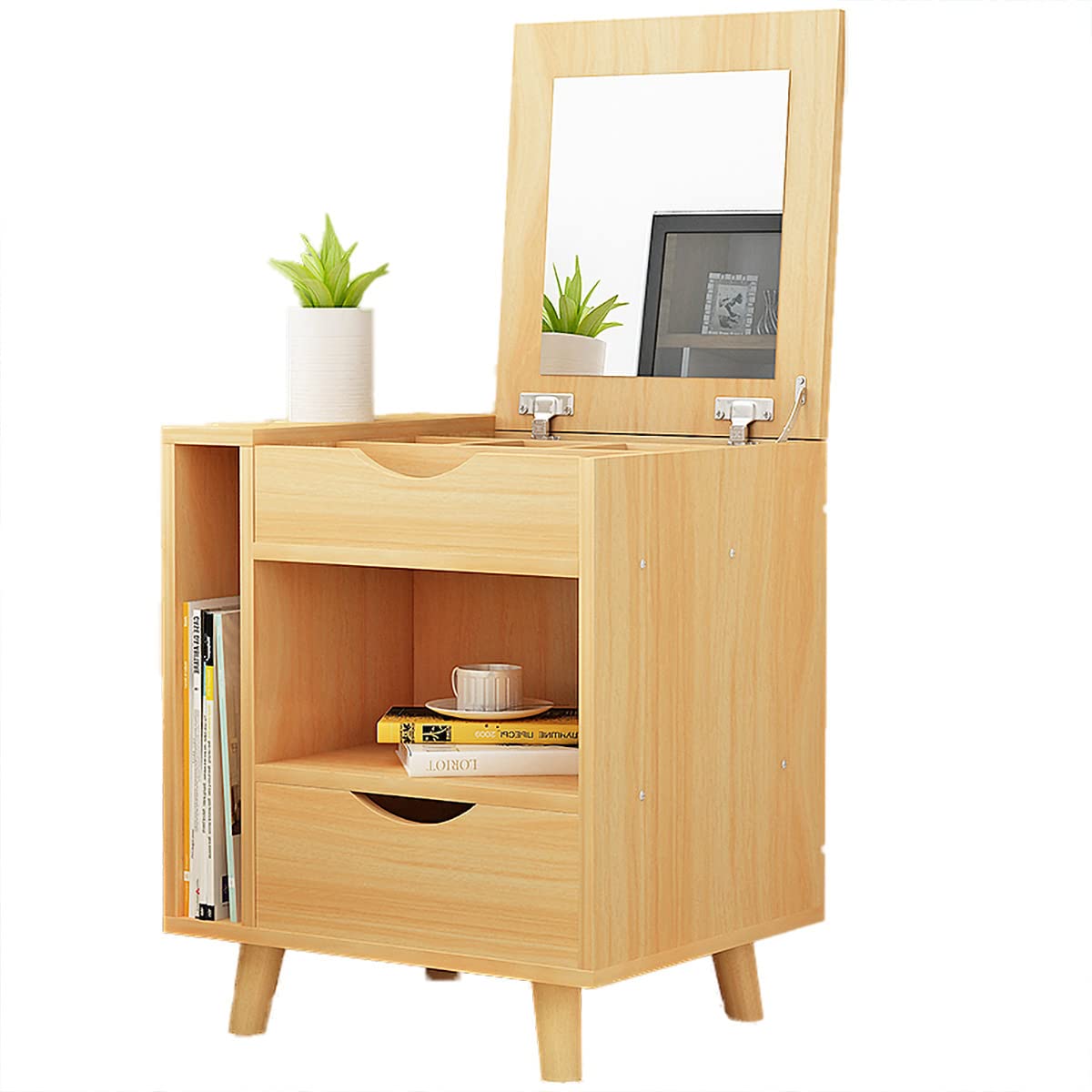 化粧台 ドレッサー コンパクト ナチュラル 松の木 卓上ドレッサー 化粧品 収納ケース メイクボックス 化粧品 メイク道具 収納 引き出し 鏡 ミラー 軽量 無垢材 ベッドサイドテーブル 北欧 フリップドレッサー 寝室収納 ロッカー サイドボード (ホワイト-左側,45*39*55cm)
