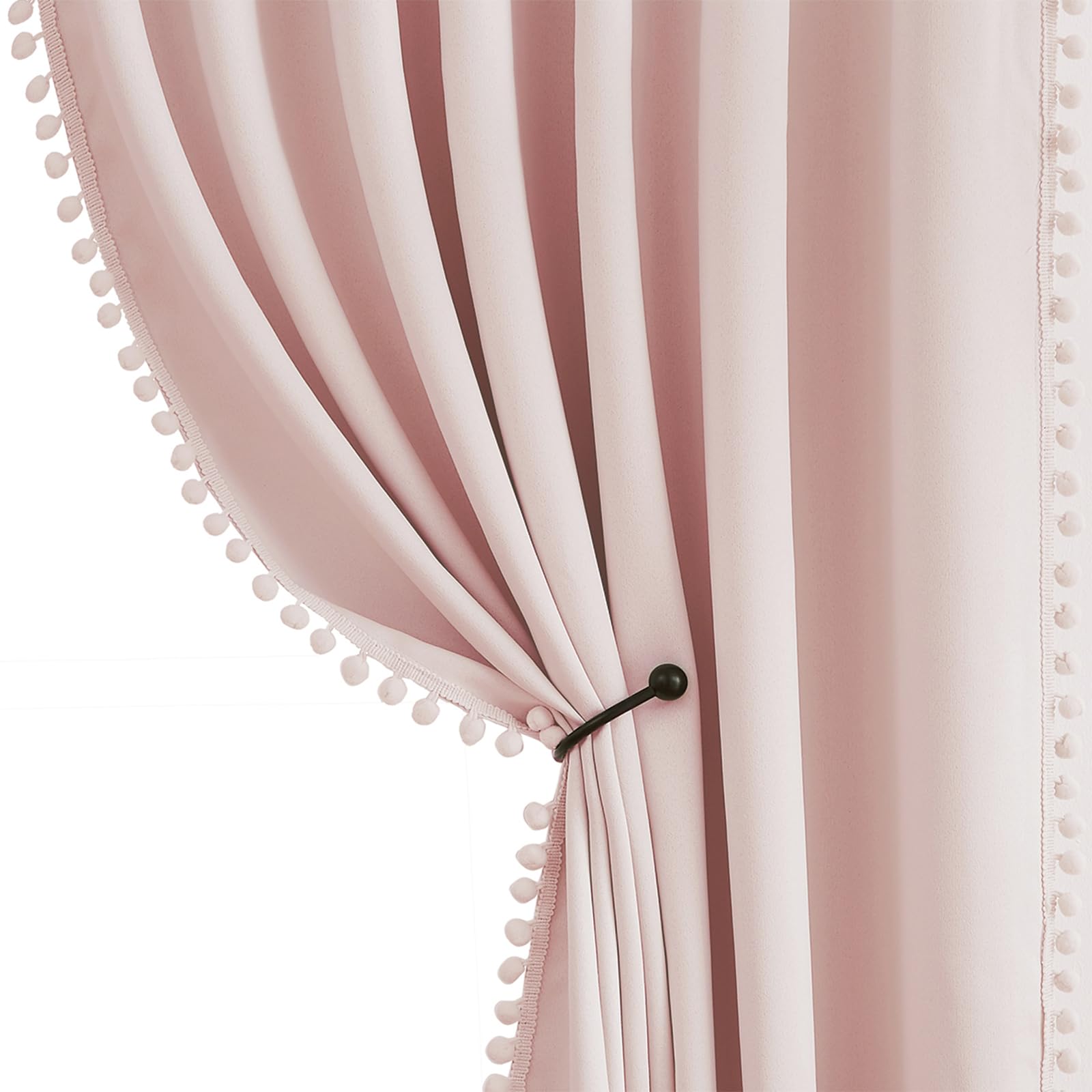 Treatmentex Blickdicht Vorhang mit Pompons Rosa Vorhang mit Ösen Landhausstil Wärmeisoliert Thermovorhang Verdunkelungsvorhänge für Mädchenzimmer,Wohnzimmer,Schlafzimmer-2 Stück(Rosa,140x225cm)
